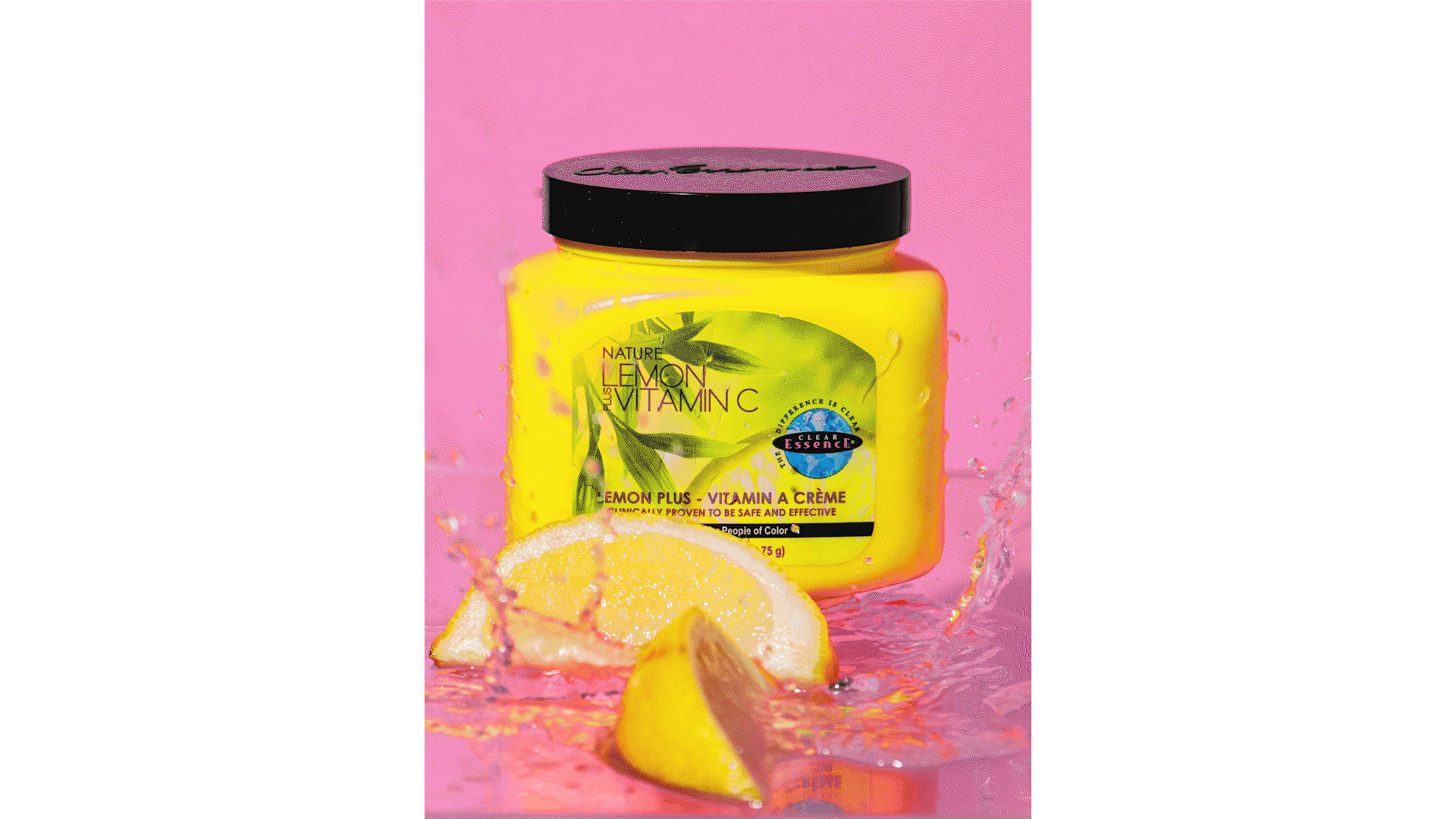 Yellow jar labeled "Nature Lemon Vitamin C Cream" with lemons and water splash on pink background.