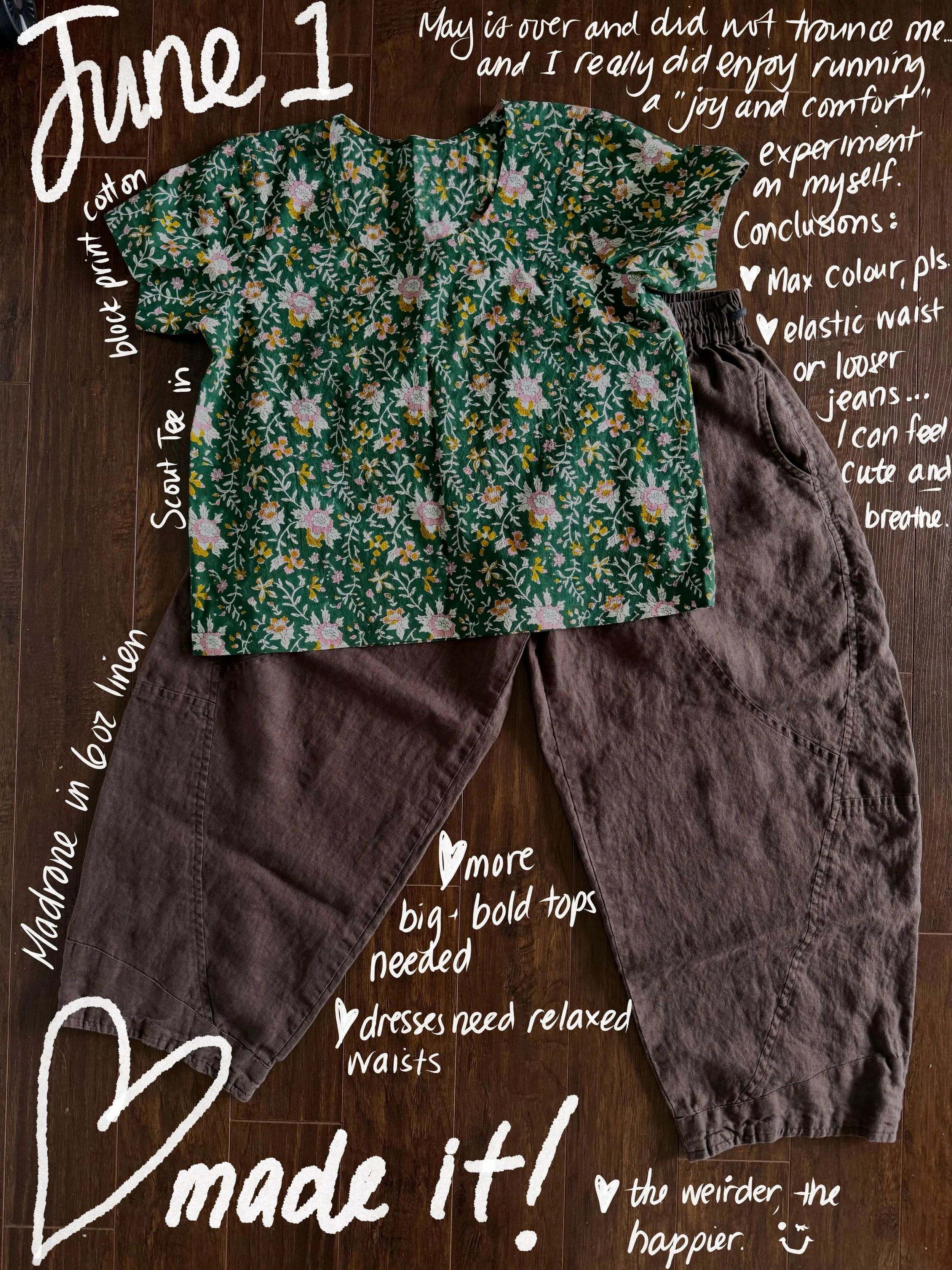 Happy June!!! It almost got me a few times, because May isn&rsquo;t always cute, but here I am. 
My goal was to find joy and fun in my outfits, and take comfort notes. Wellllll the obvious winner of the month is the #madronepants  They are wildly com