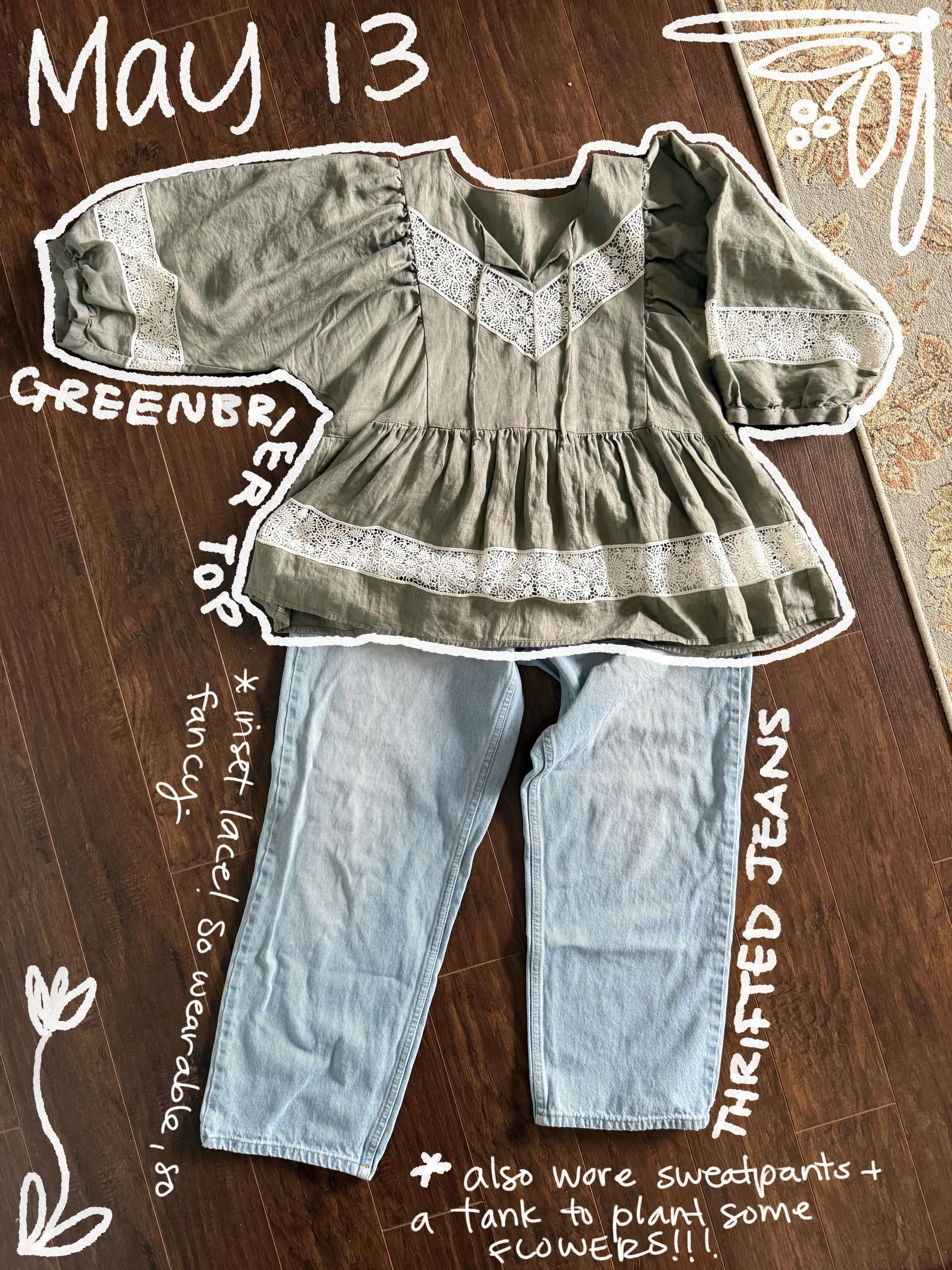 May 13 
Started in sweatpants for a super quick garden session and got rained out! Didn&rsquo;t have to water the lettuce seeds 😆
I love this top. It feels soooooooo fancy and special but is so wearable. No fuss, no adjusting constantly, just linen 