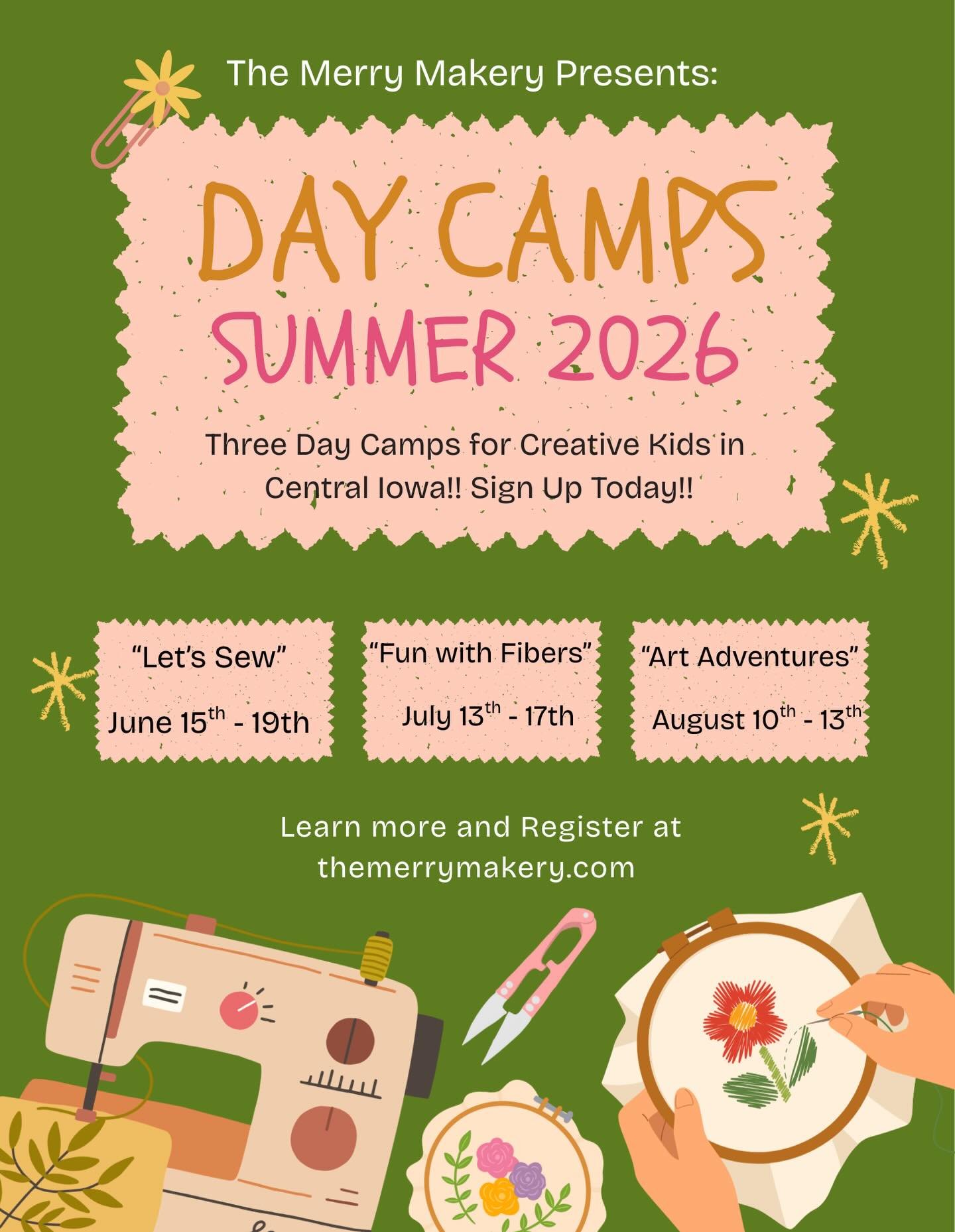 UPDATE: &ldquo;Let&rsquo;s Sew&rdquo; camp is FULL. Interested in adding your name to a waitlist? Please comment &ldquo;WAITLIST&rdquo; below and I&rsquo;ll DM you for the details.

Hooray!! Registration is OPEN for our Summer Day Camps 2026! 

See m