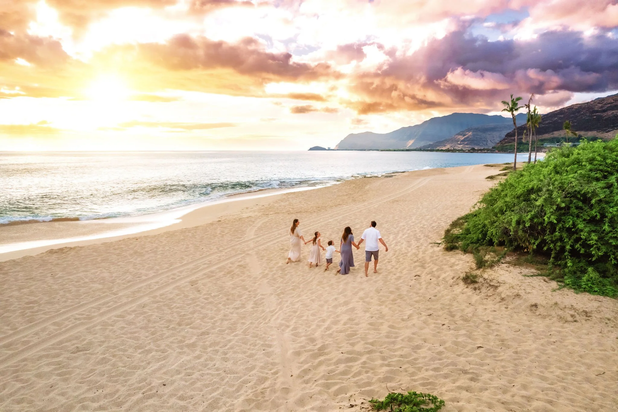 Family Walking Sunset Maili Beach Hawaii