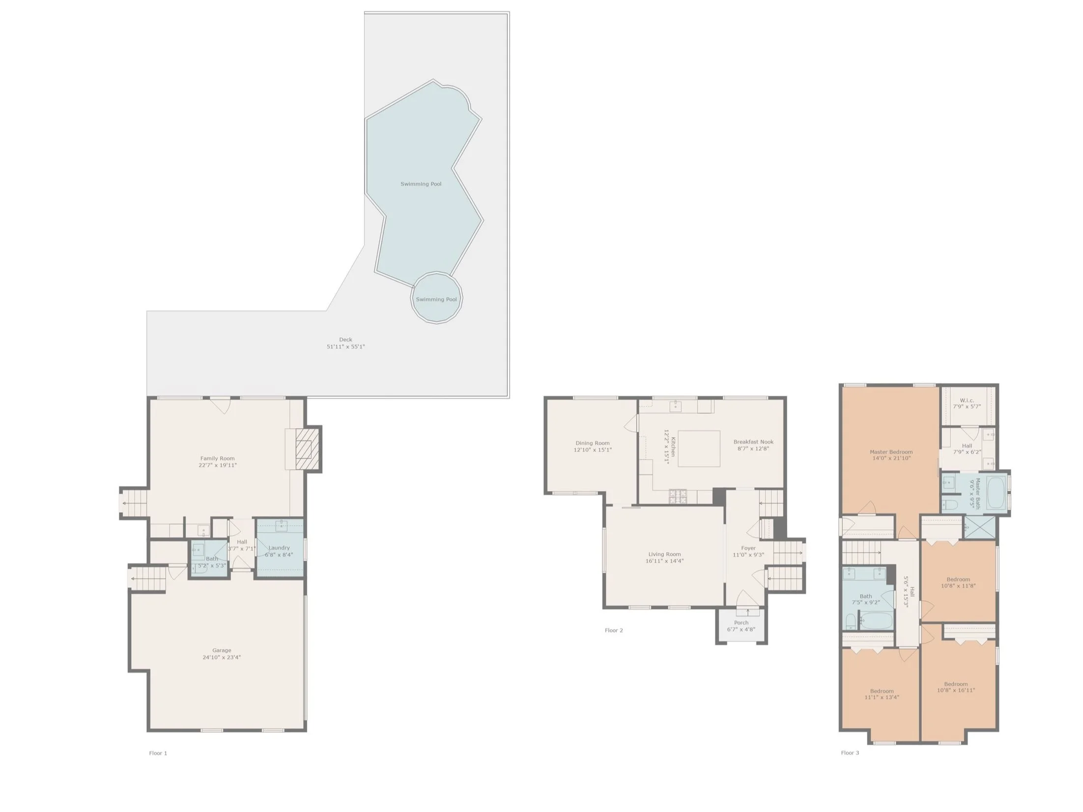 Floor plan of a house with three levels, including a backyard with a swimming pool and deck.