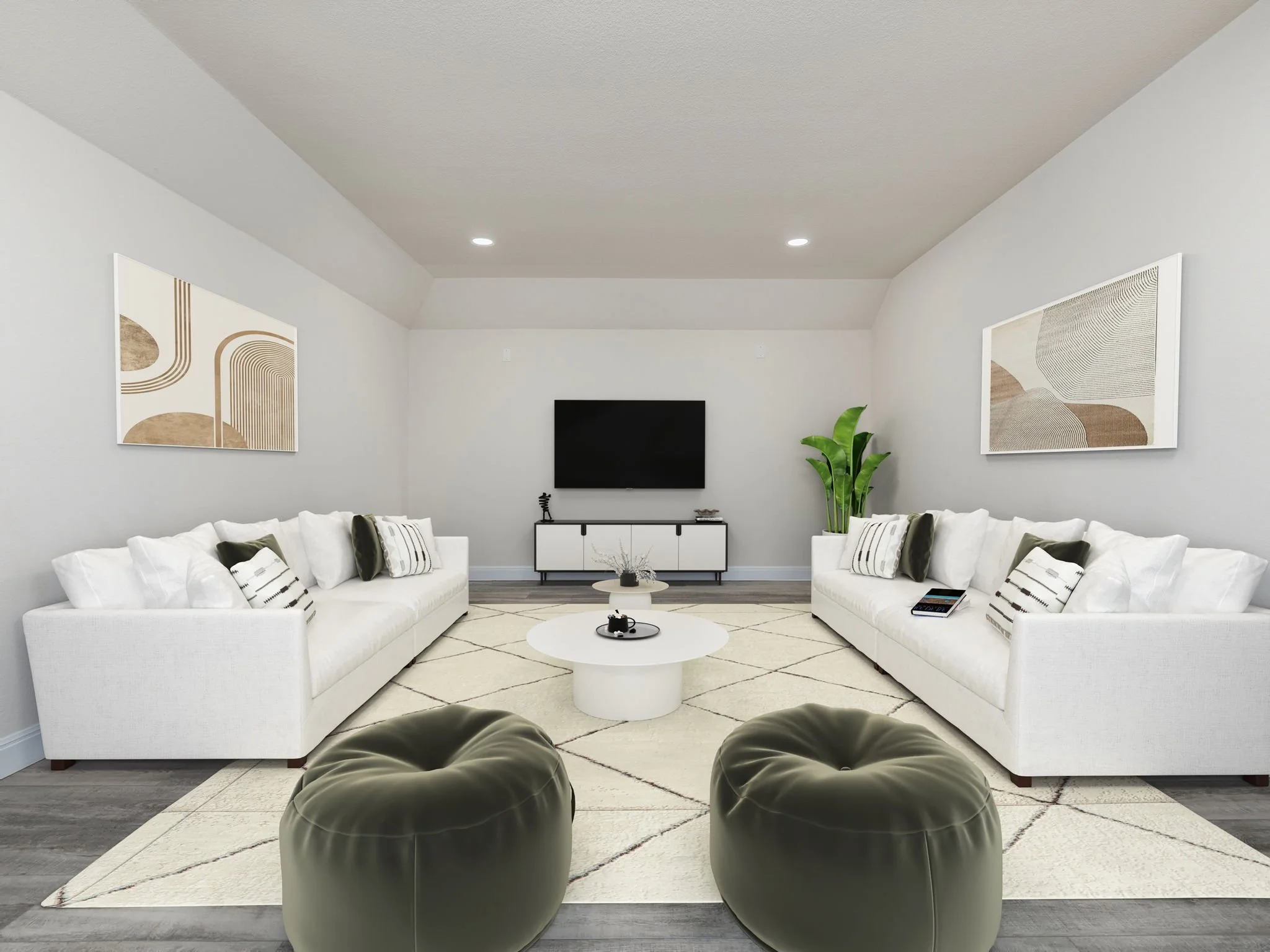 A modern living room with two white sofas, green ottomans, a white coffee table, a wall-mounted television, abstract wall art, a potted plant, and a white TV stand.