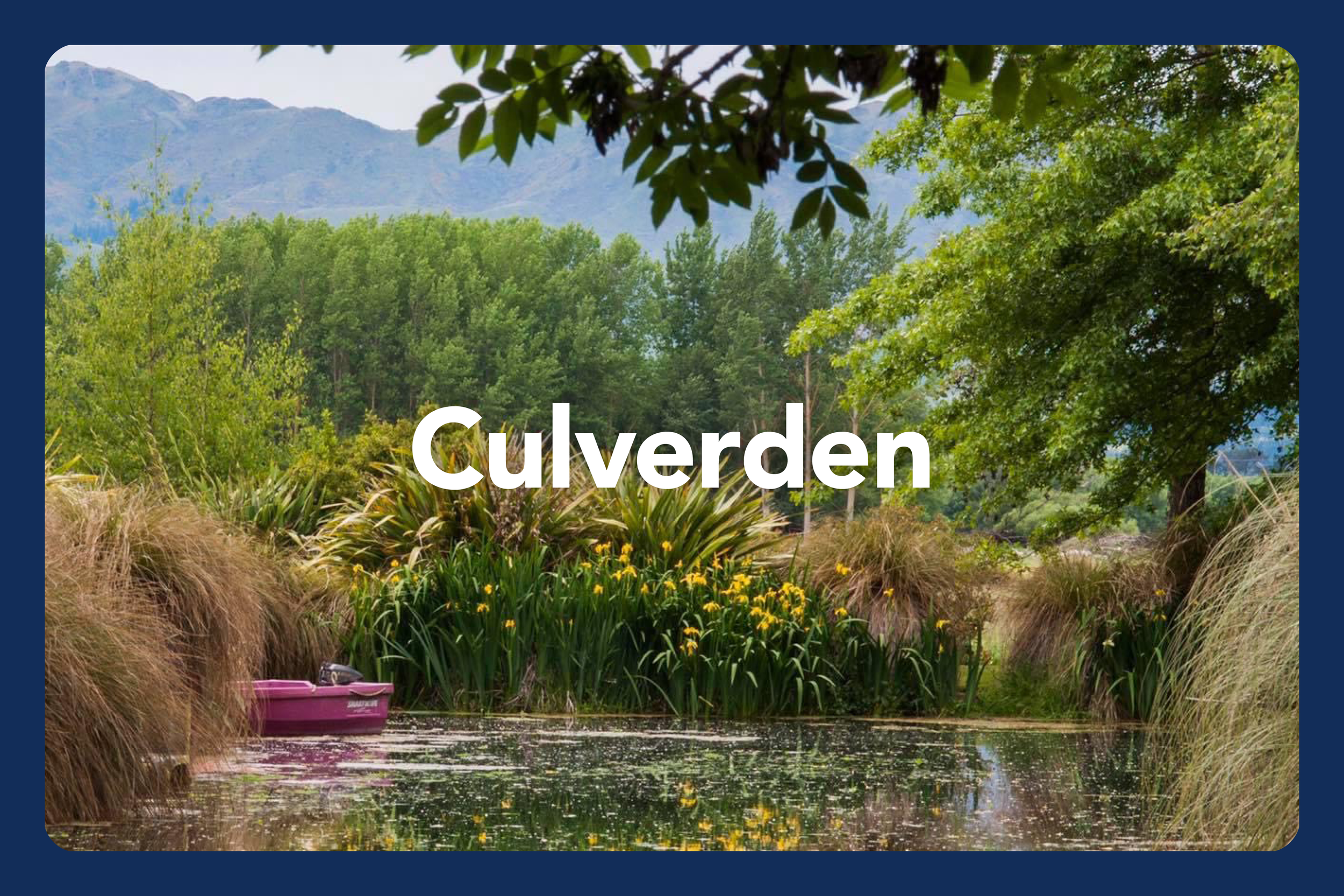 A peaceful scene of a lush green landscape with trees, yellow flowers, and a calm waterway, with mountains in the background. The word 'Culverden' is written in large white text across the center.