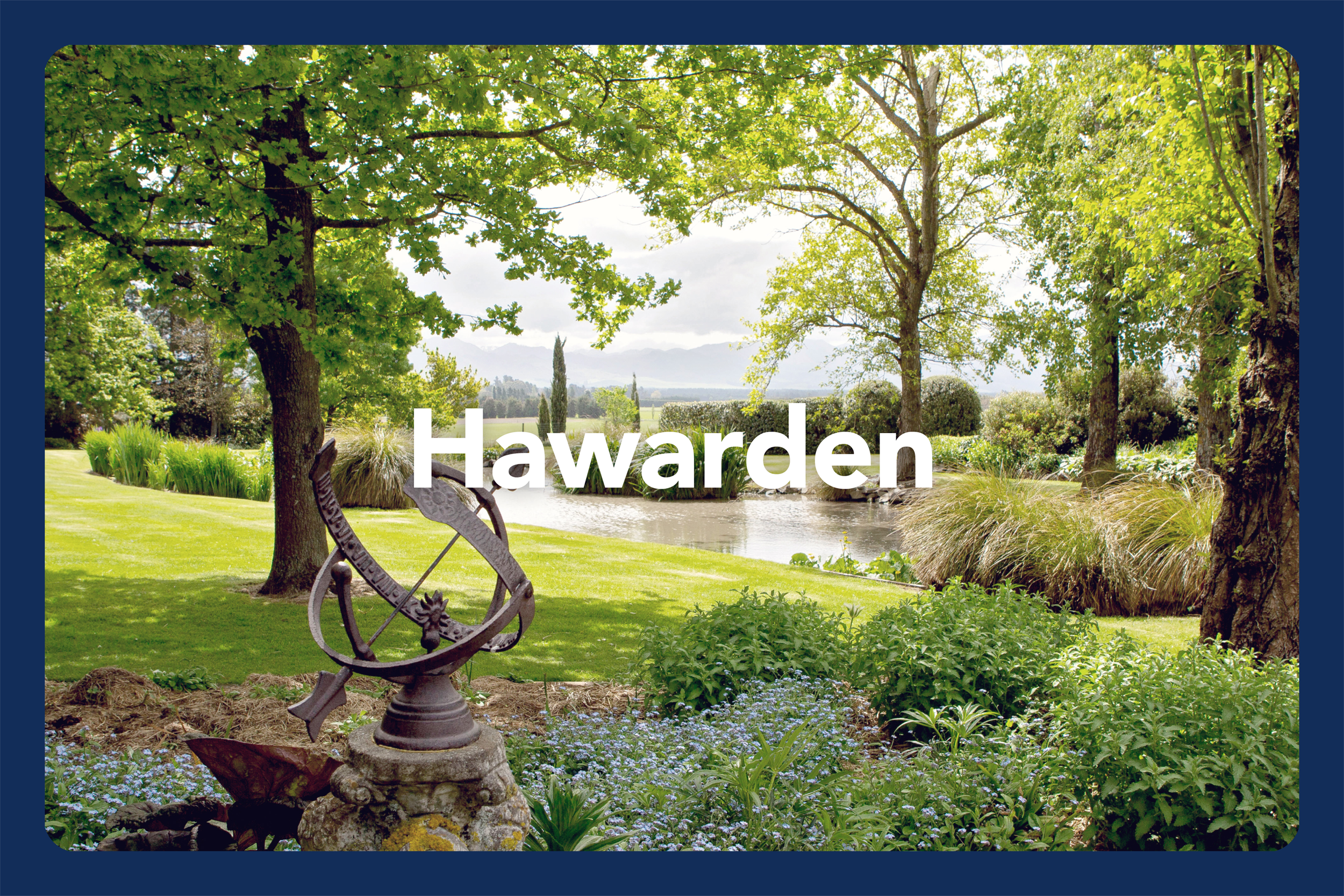 A lush park scene with trees, a pond, and flowering plants. The word 'Hawarden' is centered in white text.