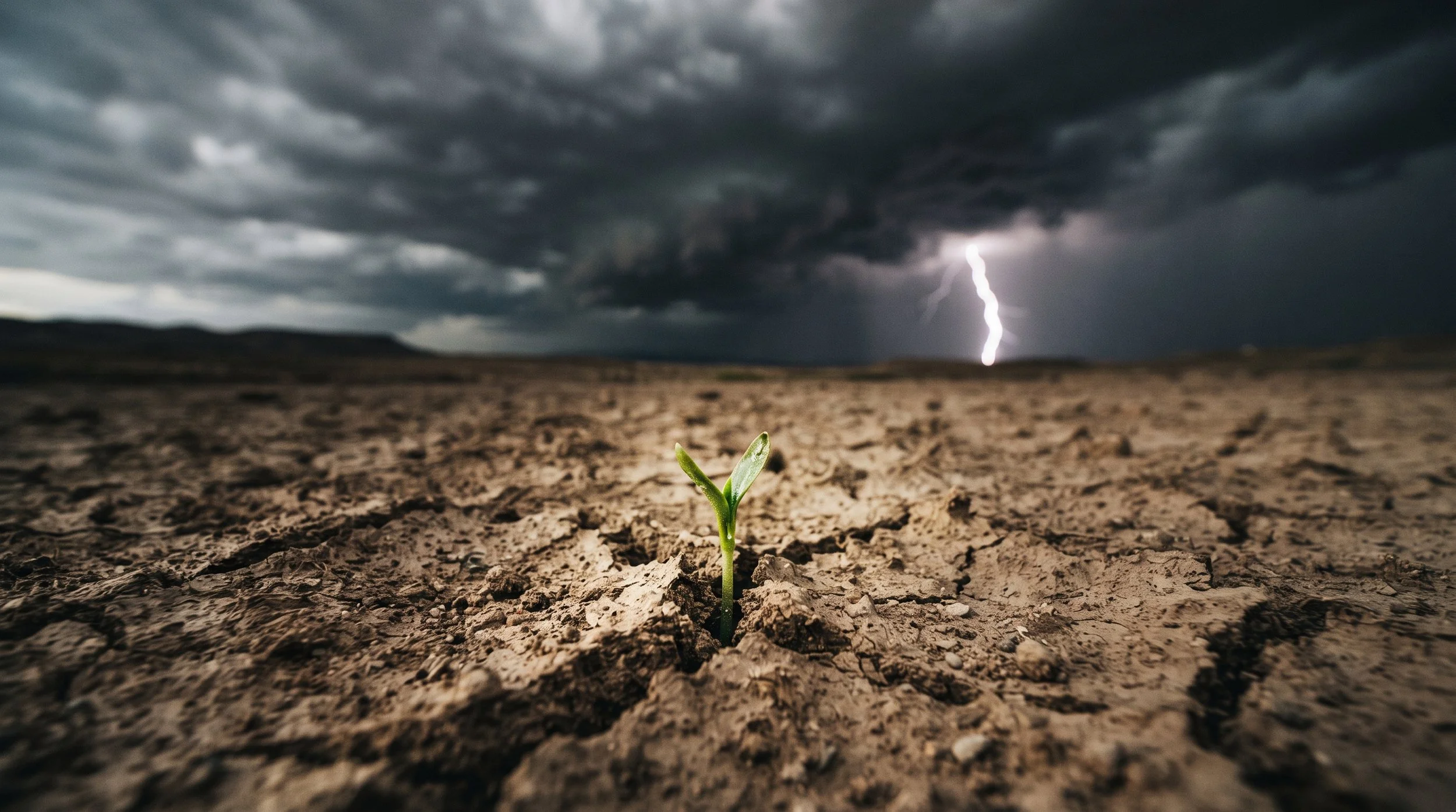 Green sprout pushing through dry earth with lightning in background