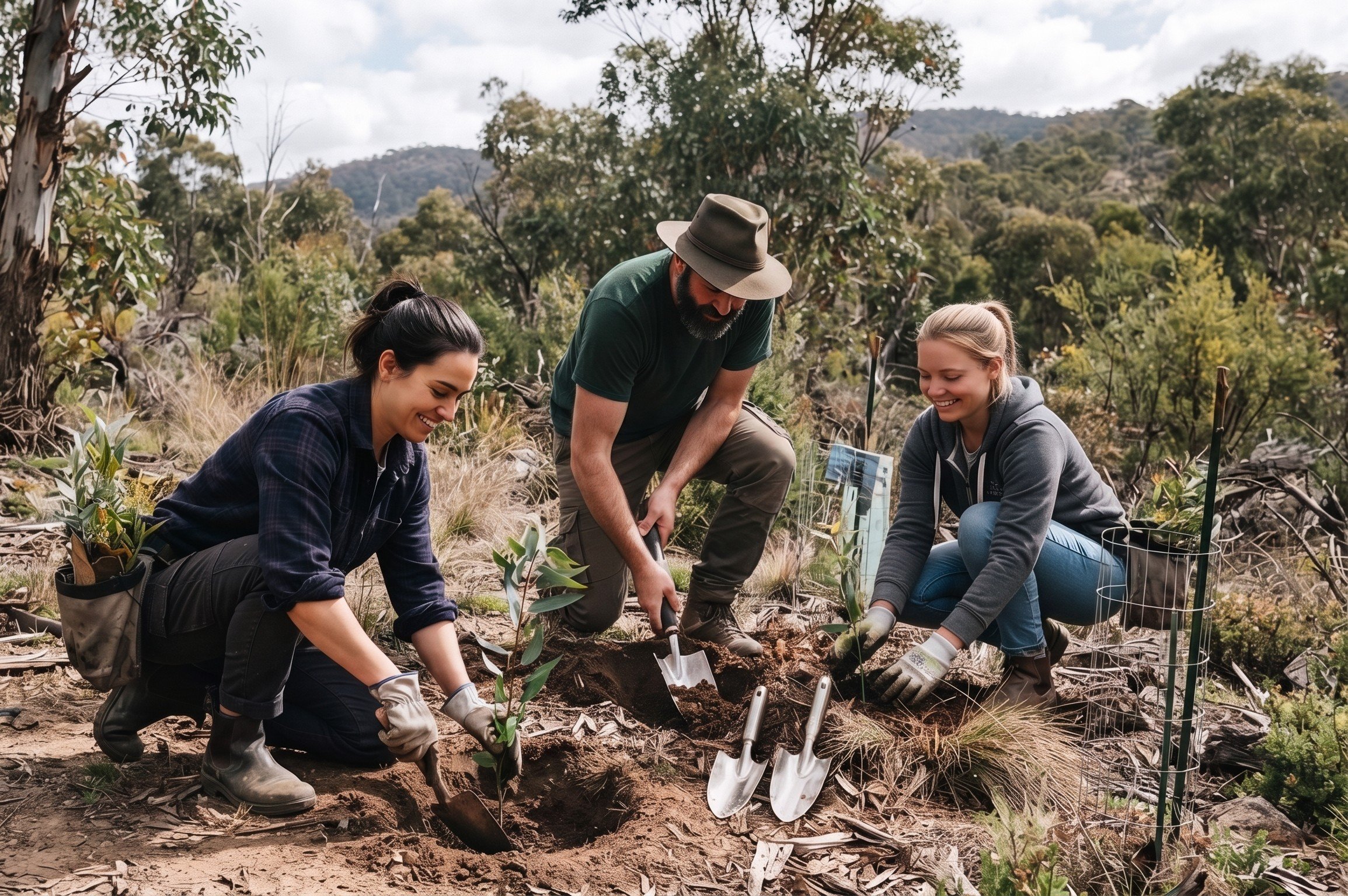 3 people planting trees in the Australian bush
