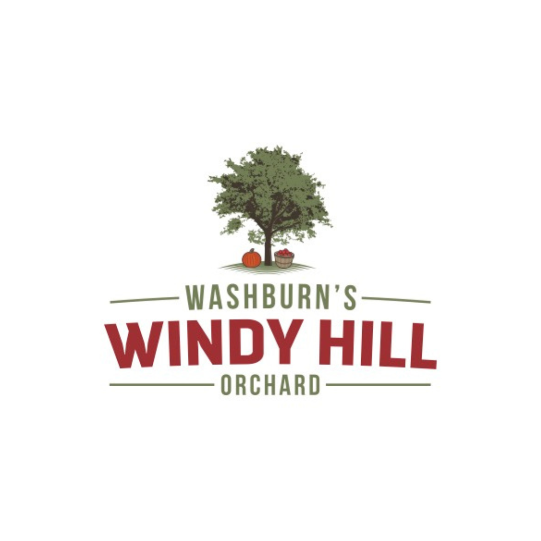 Logo for Washburn's Windy Hill Orchard featuring a tree with pumpkins and apples beneath it, with the orchard name in green and red text.