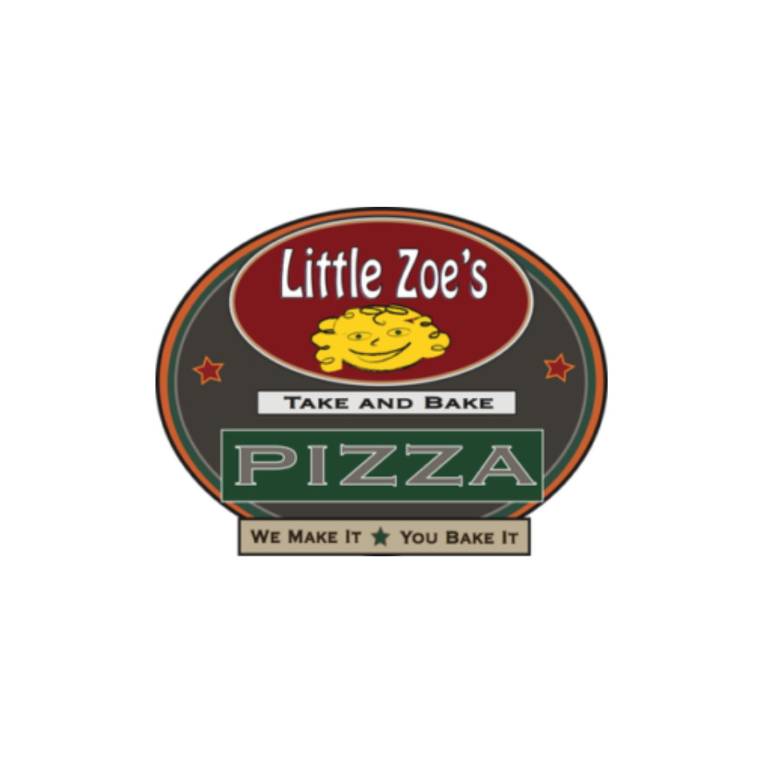 Logo for Little Zoe's Take and Bake Pizza featuring a yellow cartoon face, with the tagline 'We Make It, You Bake It'.