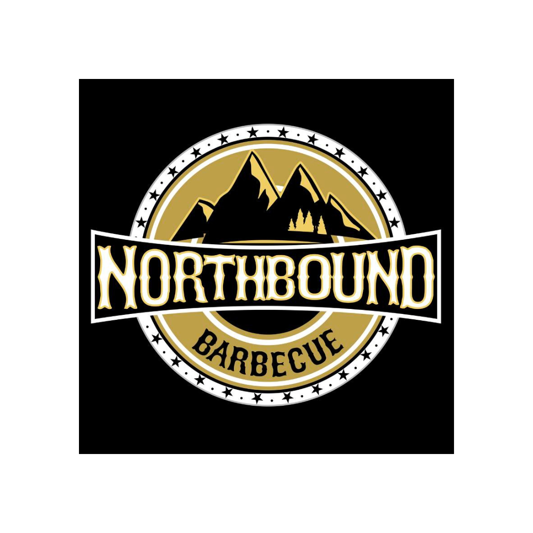 Logo for Northbound Barbecue with mountain peaks, gold, black, and white color scheme, and a circular design.