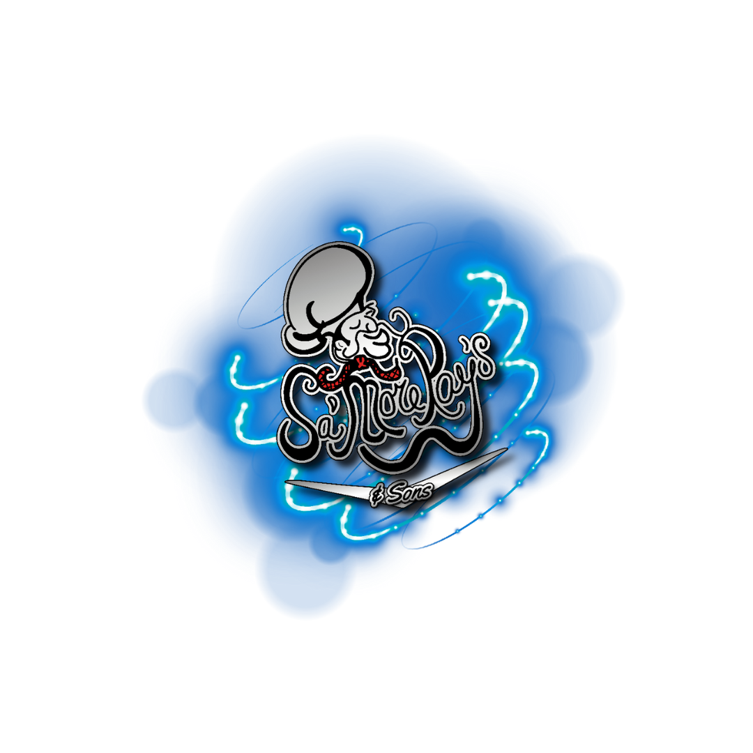 Stylized logo for La Mère Poulard & Sons featuring a chef’s hat, a smiling chef, and swirling blue light effects.