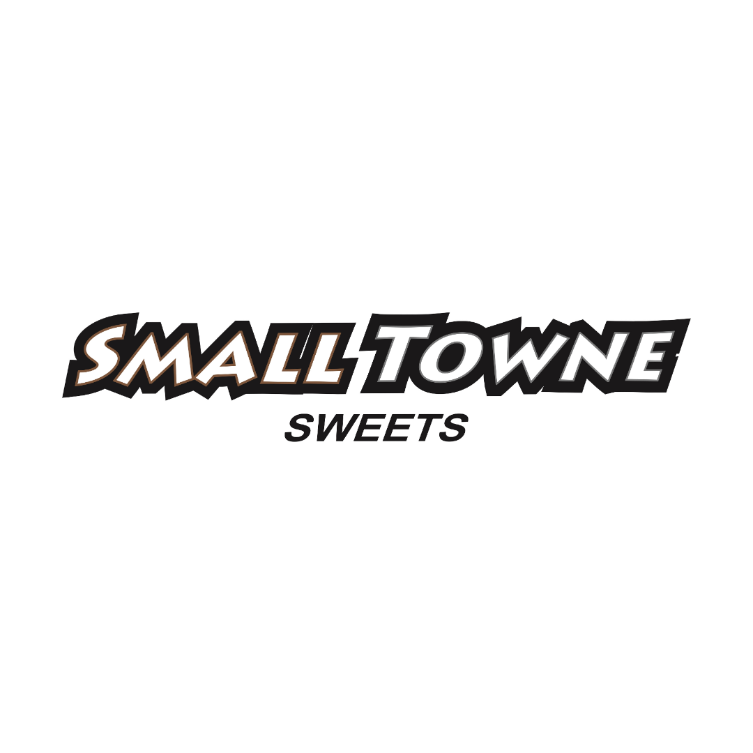 Logo of Small Town Sweets with stylized text in black, white, and brown.