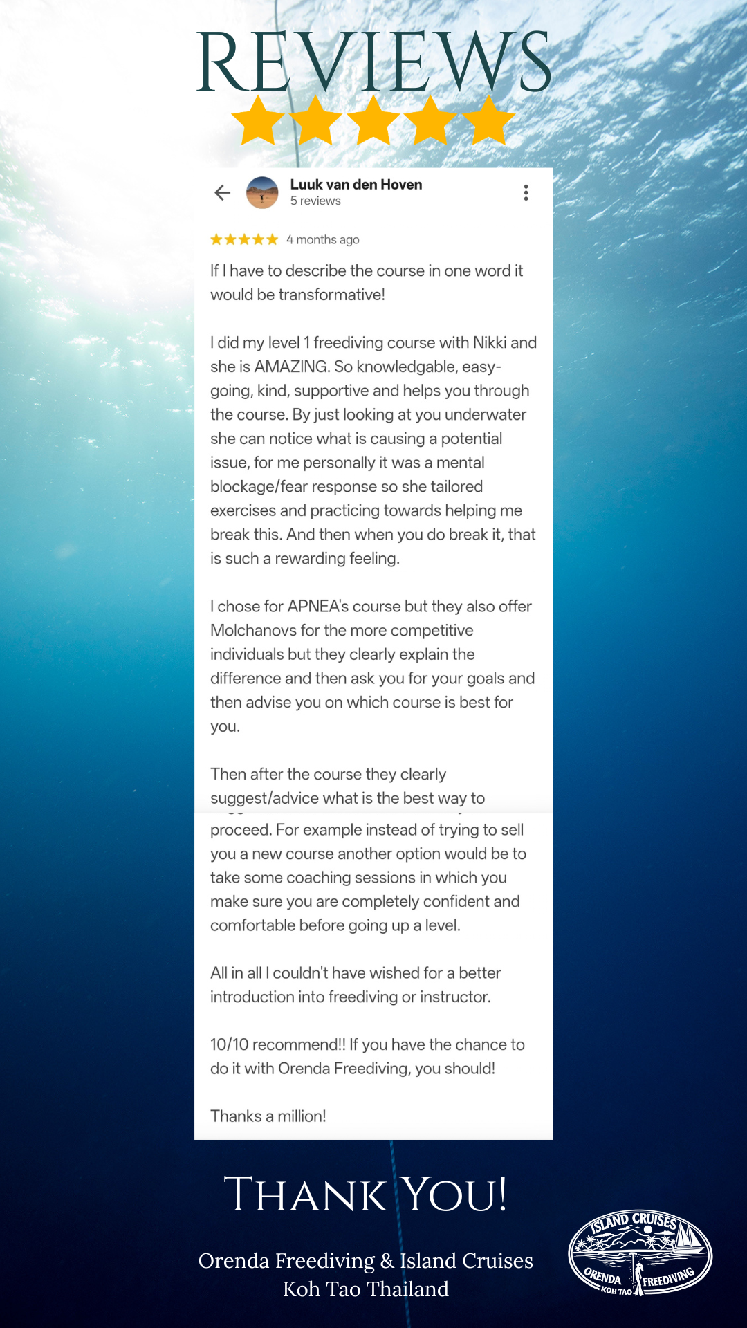 “5-star review from Luuk Van Den Hoven about freediving coaching with Nikki at Orenda Freediving in Koh Tao, Thailand.”