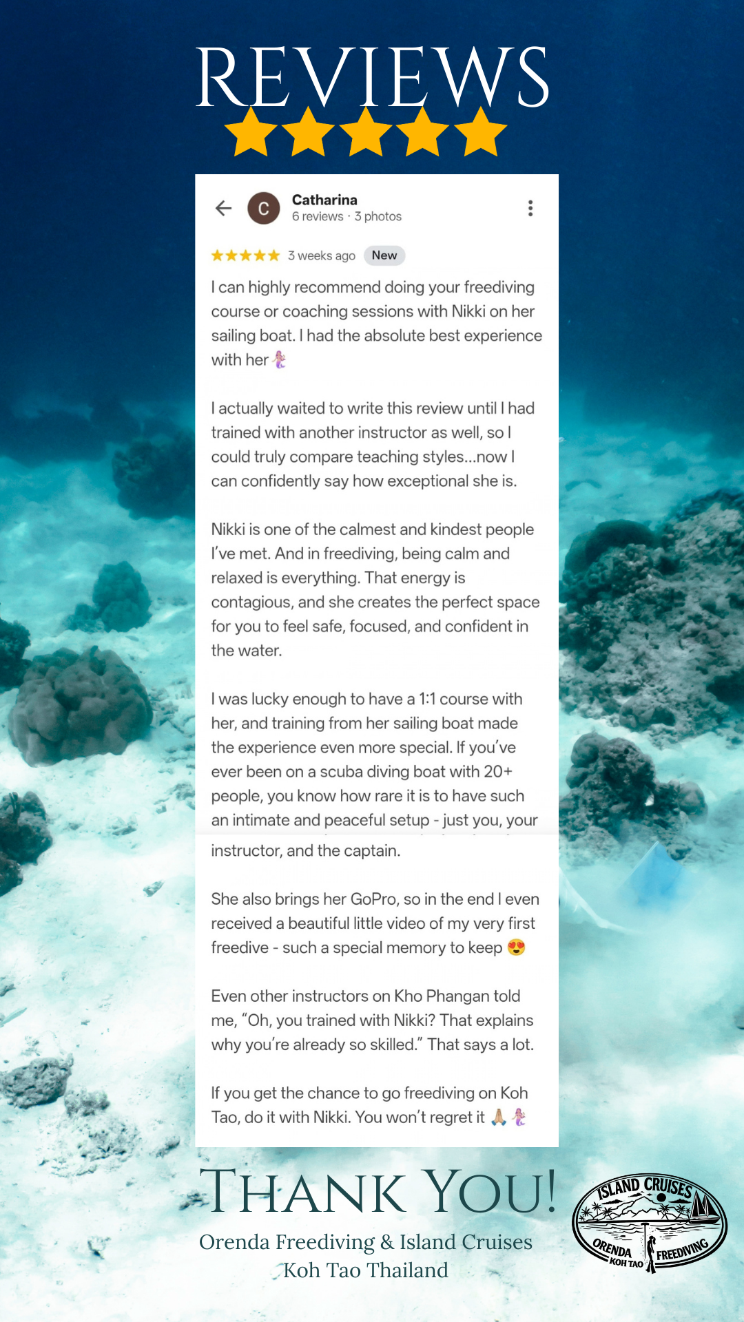 5-star student review from Catharina describing her freediving course and sailing boat training experience with Nikki at Orenda Freediving in Koh Tao, Thailand.”