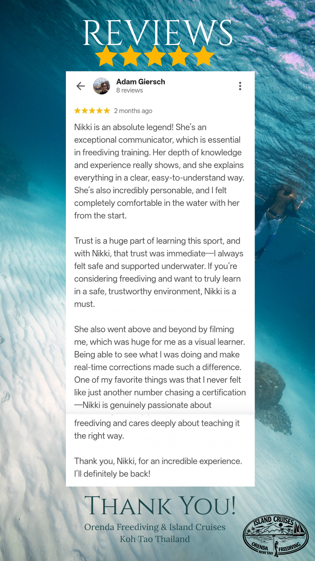“5-star review from Adam Giersch about freediving training with Nikki at Orenda Freediving in Koh Tao, Thailand.”