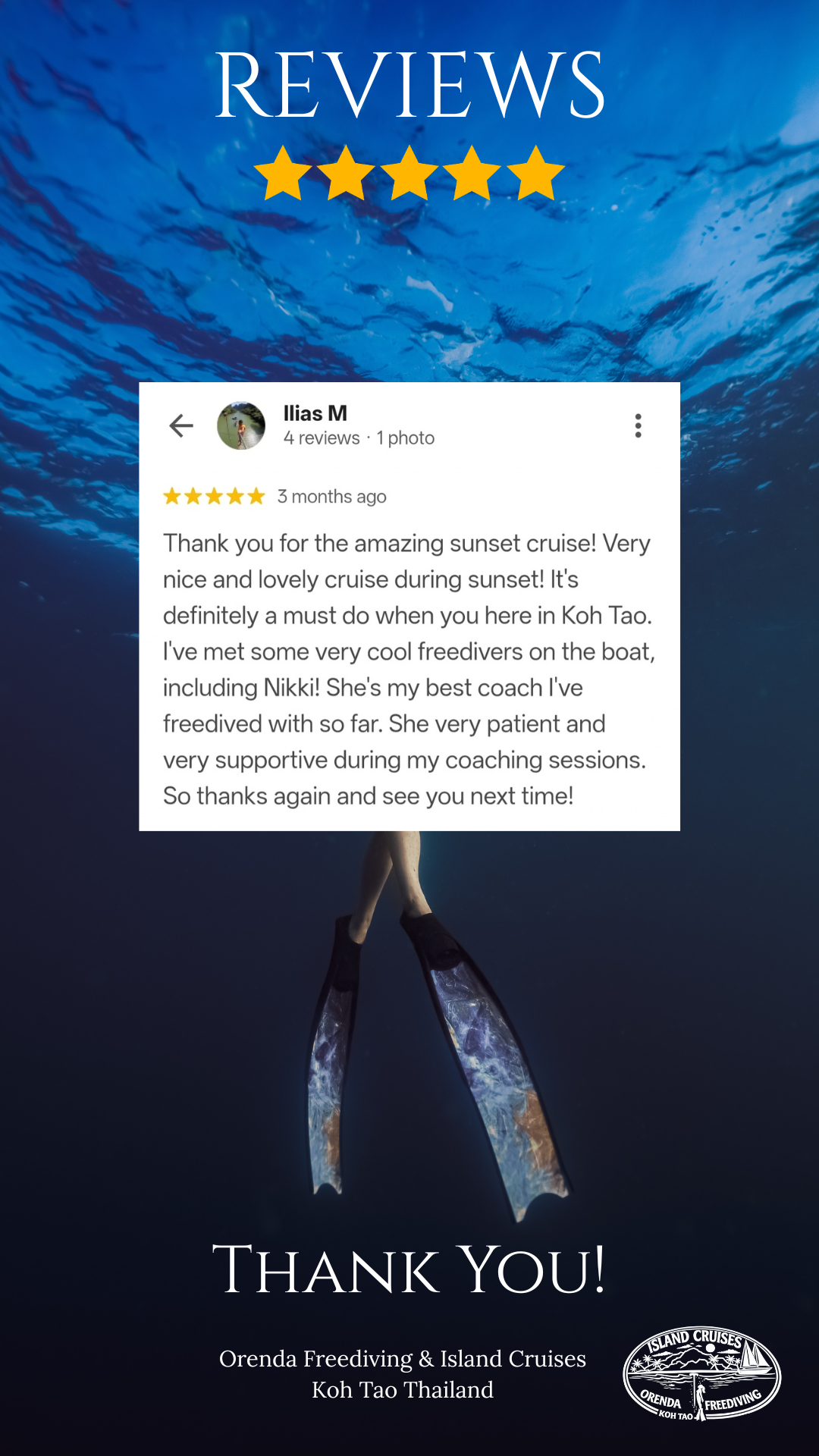 “5-star review from Ilias M describing a sunset sailing cruise with Orenda Freediving & Island Cruises in Koh Tao, Thailand.”