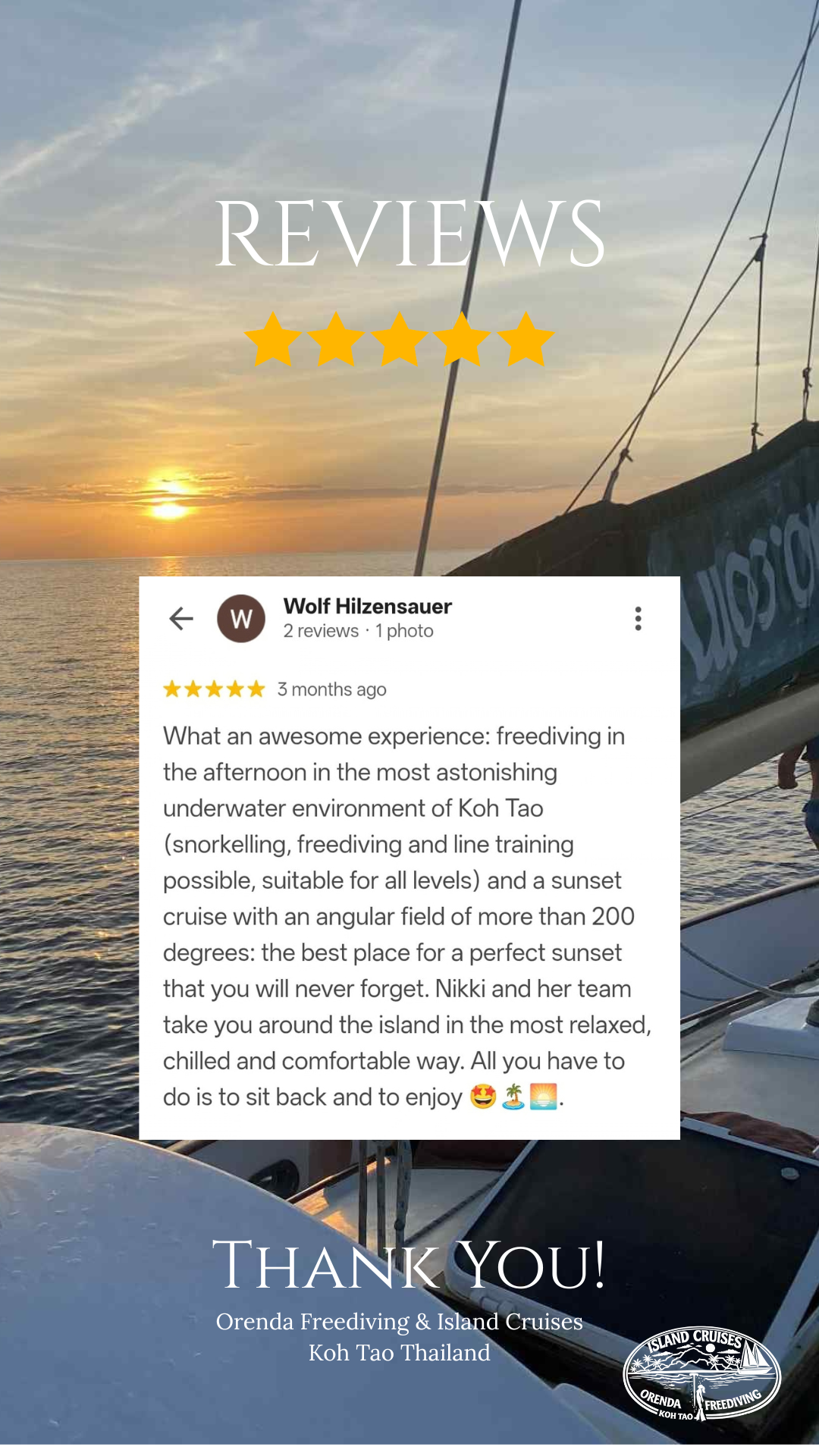 5-star review from Wolf Hilzensauer about a freediving trip and sunset sailing cruise with Orenda Freediving in Koh Tao, Thailand.”