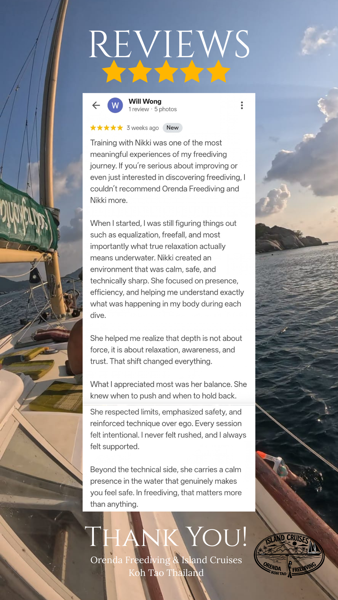 “5-star student review from Will Wong about freediving training with Nikki at Orenda Freediving in Koh Tao, Thailand.”