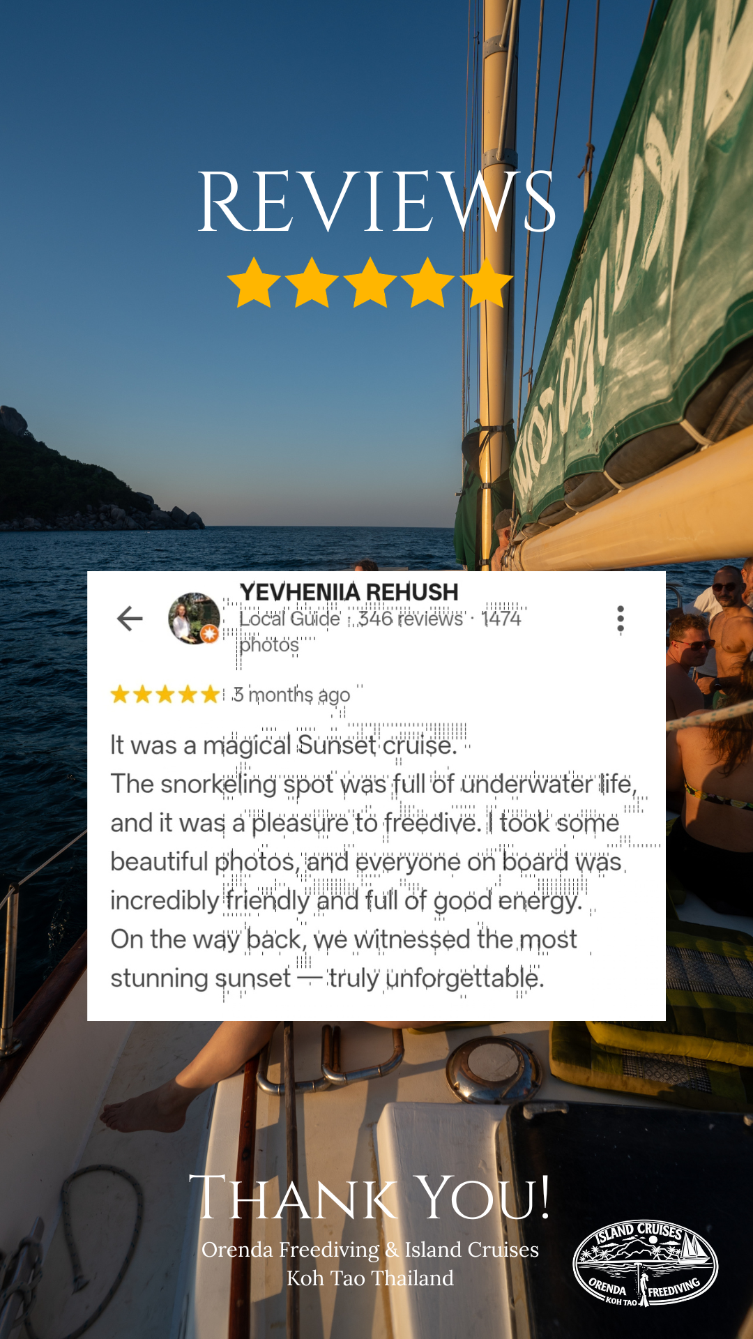 “Guest review from Yevhenia Rehush describing freediving, snorkeling and a sunset cruise experience with Orenda Freediving Koh Tao.”