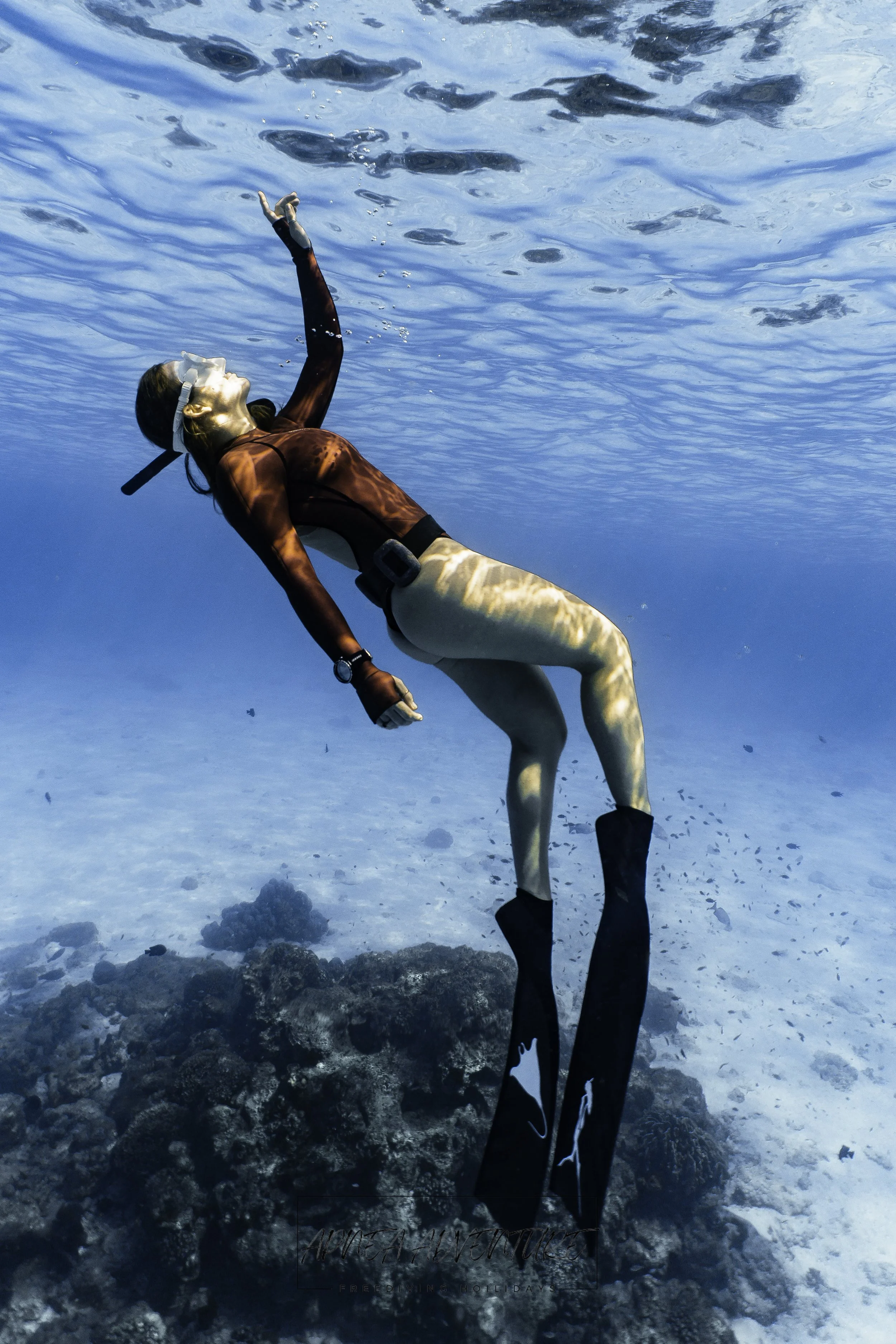 “Freediver in a red wetsuit reaching the ocean surface during a calm breath-hold freediving session.”