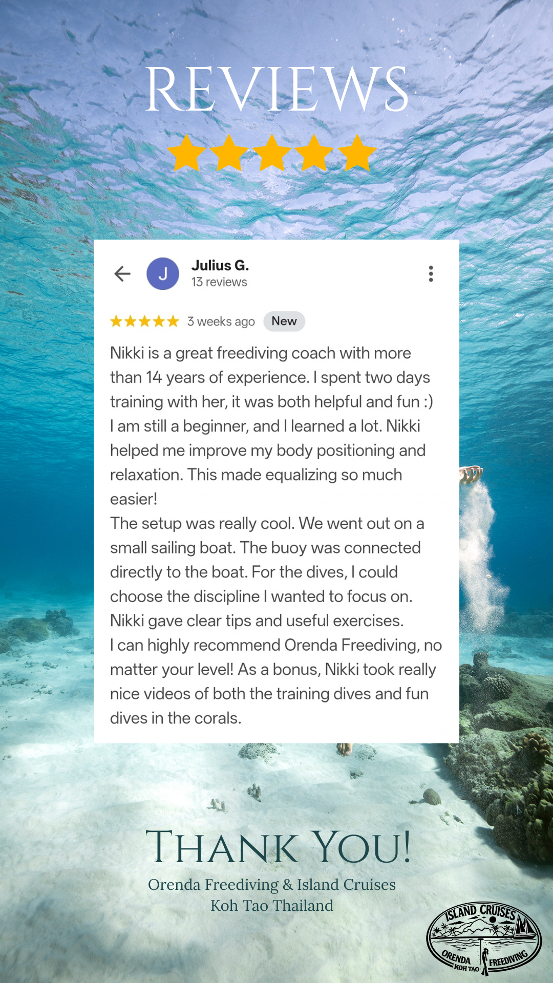 “Student review from Julius G describing freediving training from a sailing boat with Orenda Freediving in Koh Tao.”