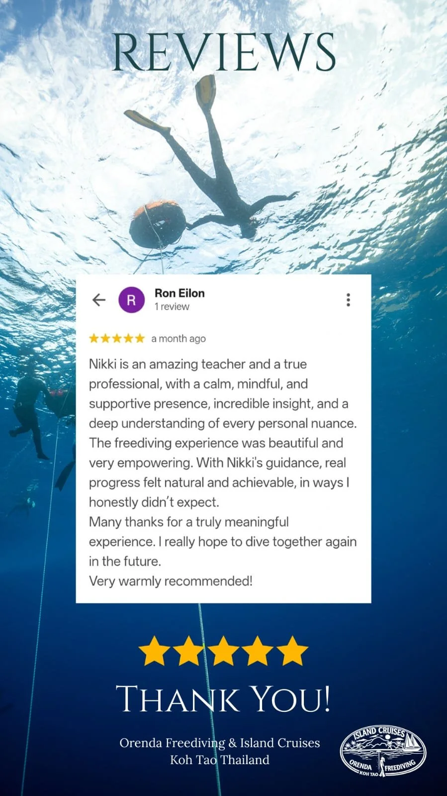 “5-star review from Ron Eilon about freediving coaching with Nikki at Orenda Freediving in Koh Tao, Thailand.”