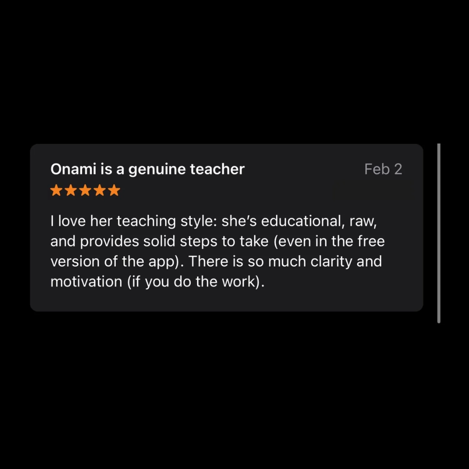 A screenshot of a review of Onami, praising her teaching style and clarity, with a five-star rating.
