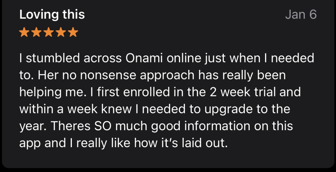 Online review with a five-star rating, dated January 6, expressing satisfaction with Onami online service and support.