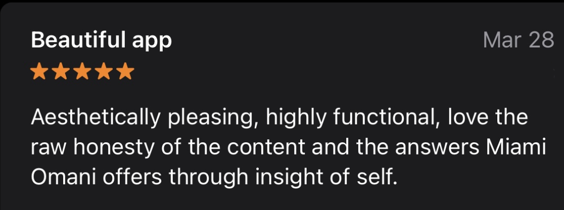App review titled "Beautiful app" with a 5-star rating, dated March 28, describing the app as aesthetically pleasing, highly functional, and honest.