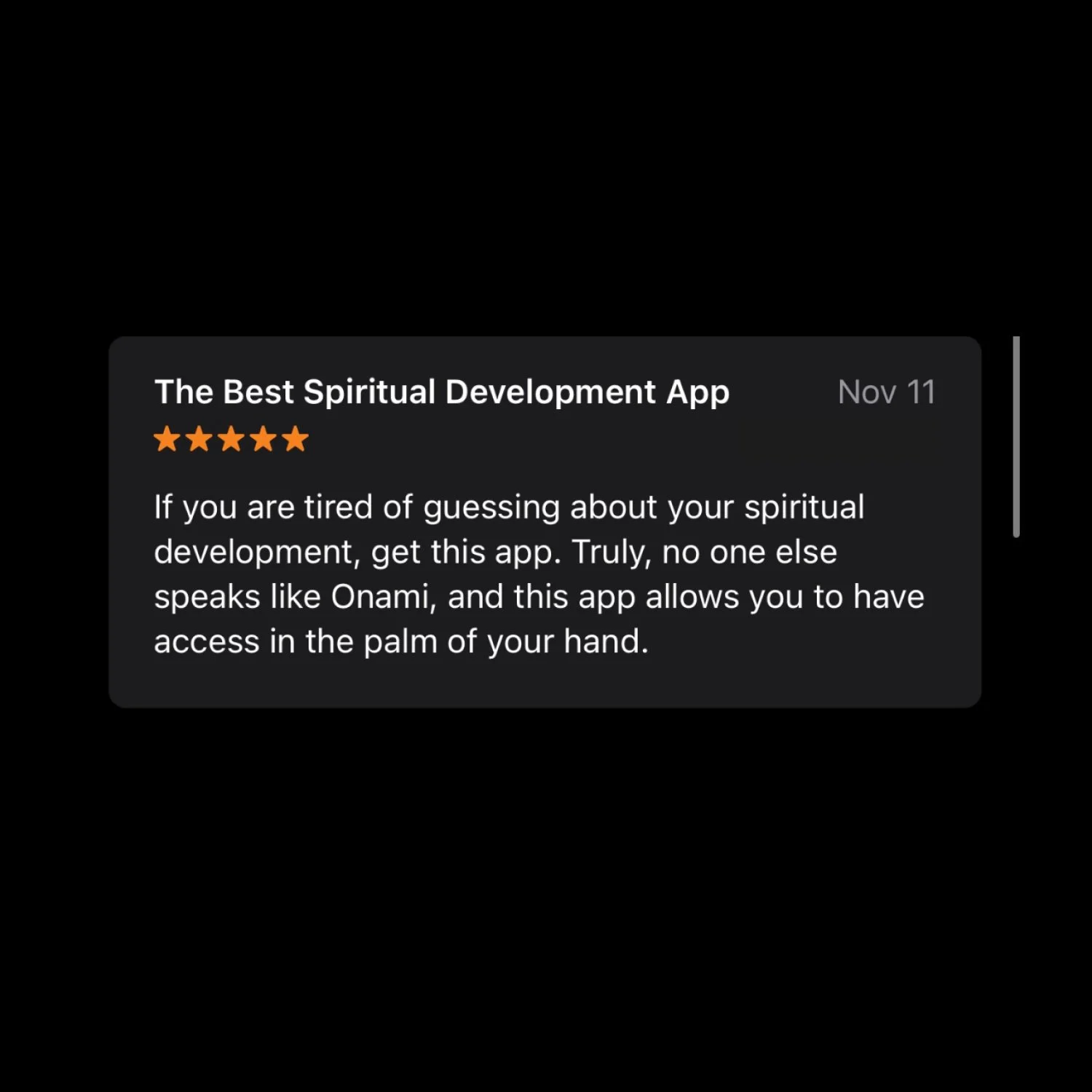 Review of a spiritual development app, with five stars and a brief description encouraging spiritual growth.
