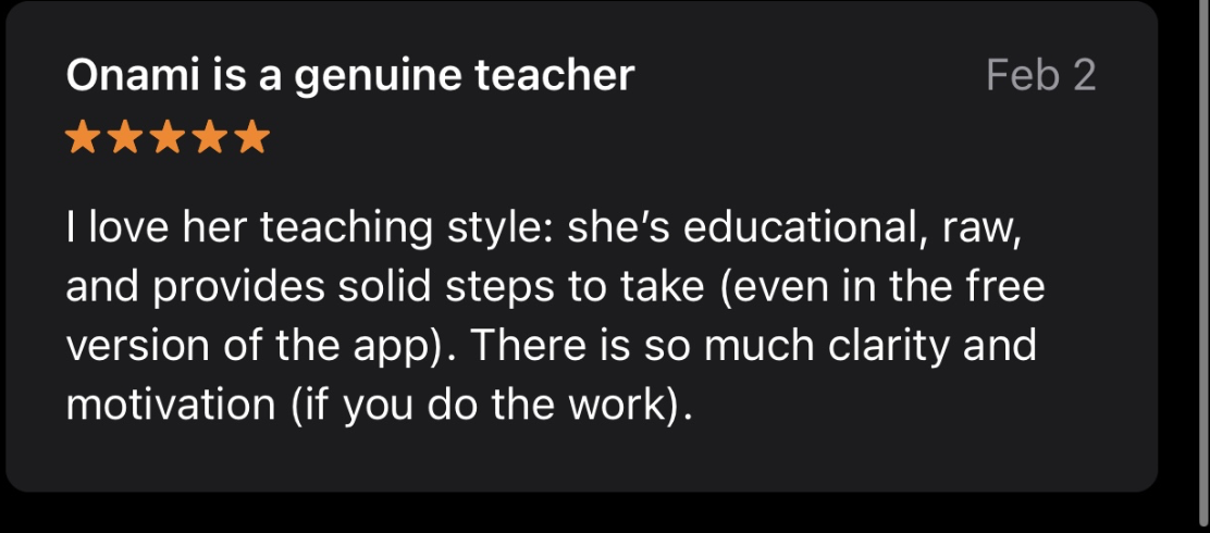 Screenshot of a review about Onami, praising her as a genuine teacher with an educational and motivating teaching style.