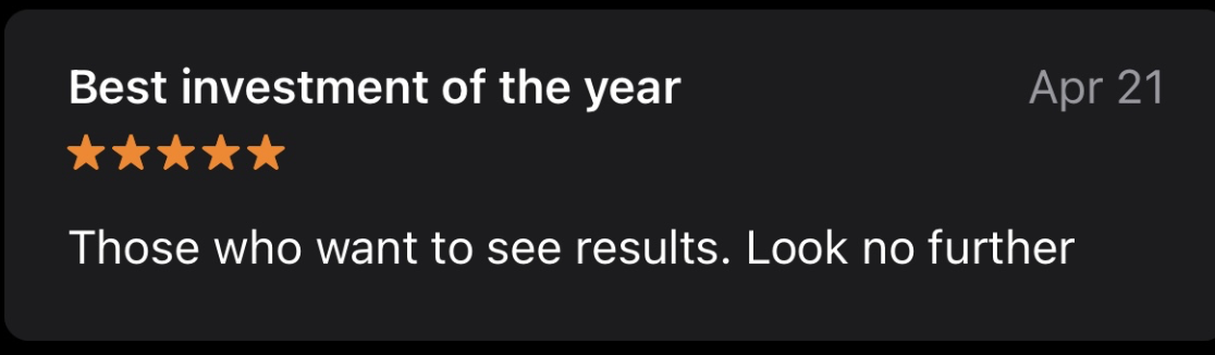 Review of a financial service or investment platform with five-star rating, dated April 21, indicating it's the best investment of the year, praising results.