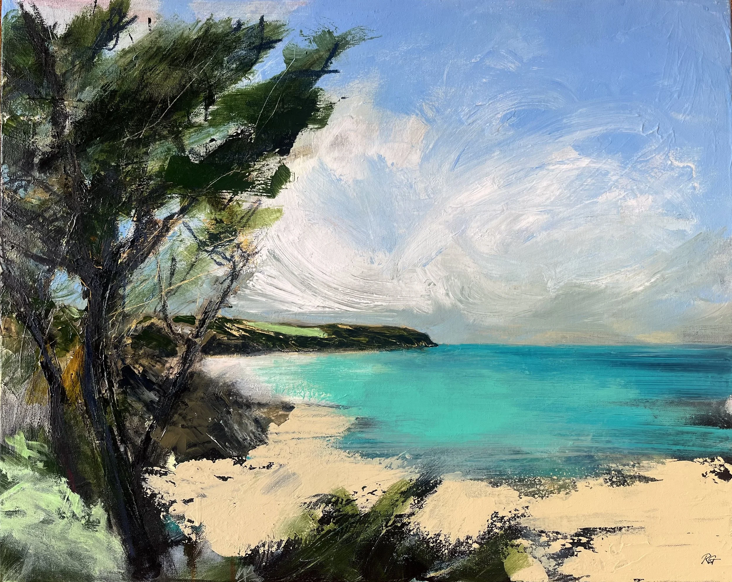 'Cornwalls coast, wild and free', 75 x 60cm acrylic and oil pastel on canvas board. The Harbour Gallery available