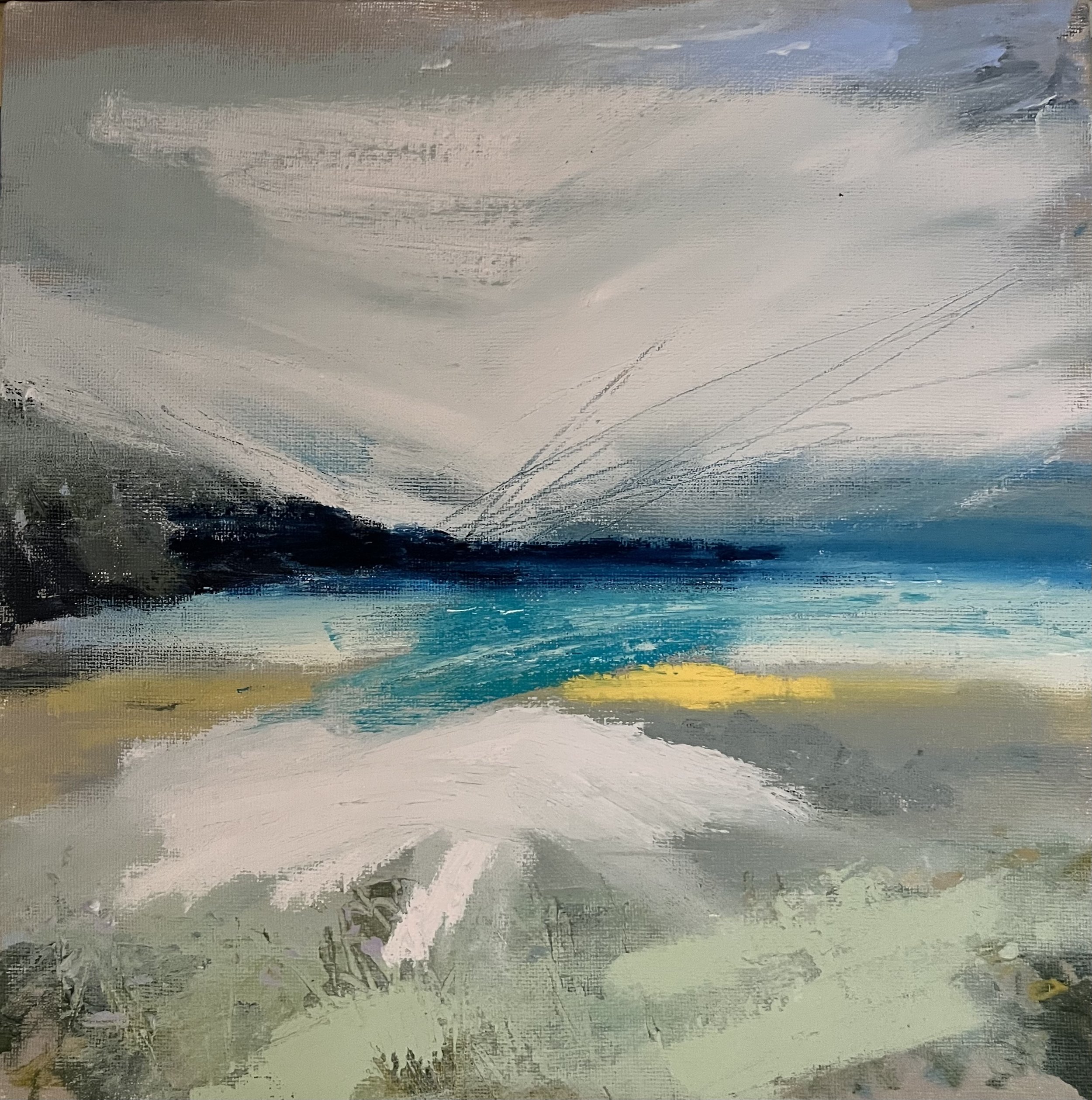 'Winters beach, Putsborough' 30 x 30cm acrylic, oil and mixed media on canvas