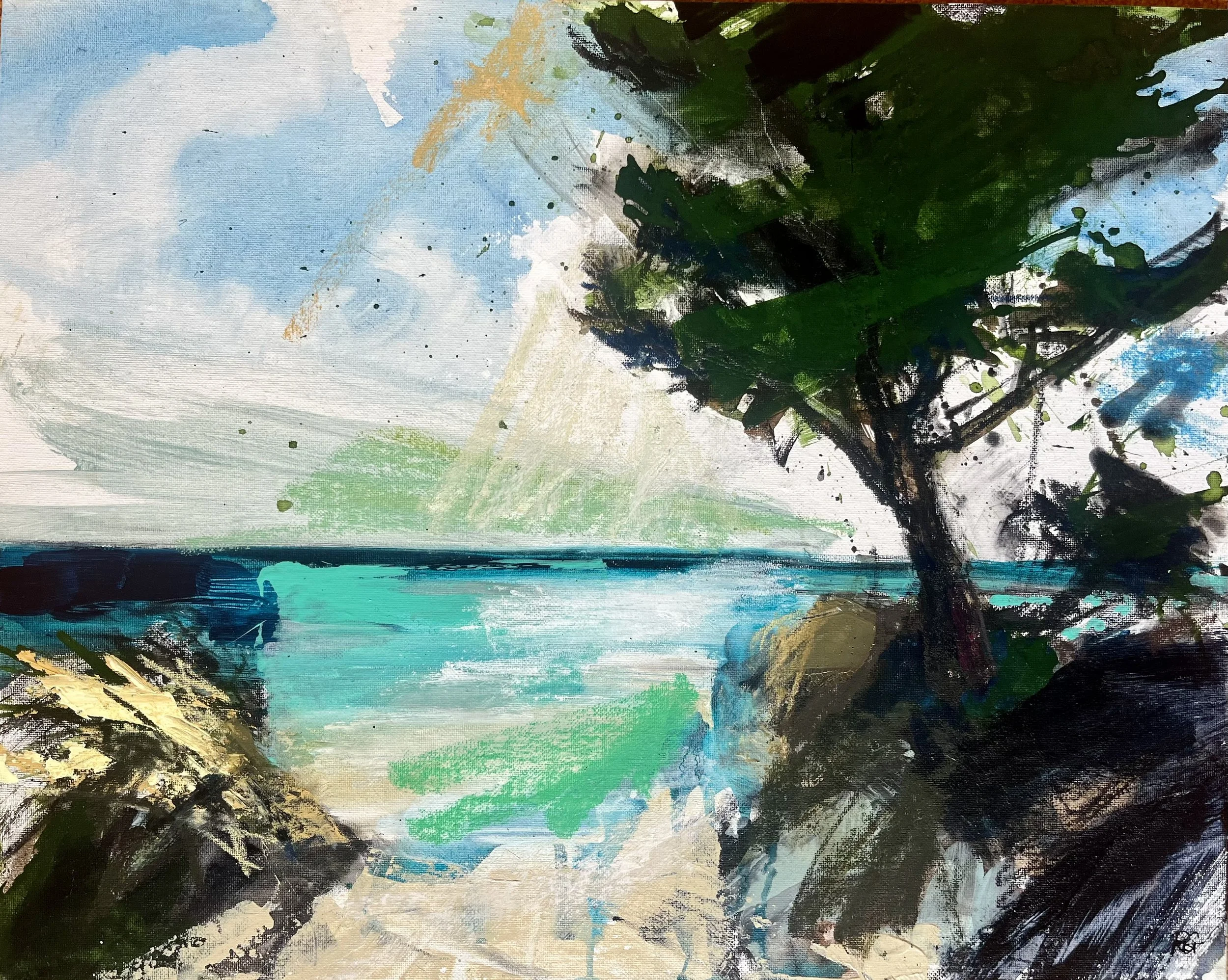 'Windswept sea glances', 50 x 40cm acrylic and oil pastel on canvas board. The Harbour Gallery available