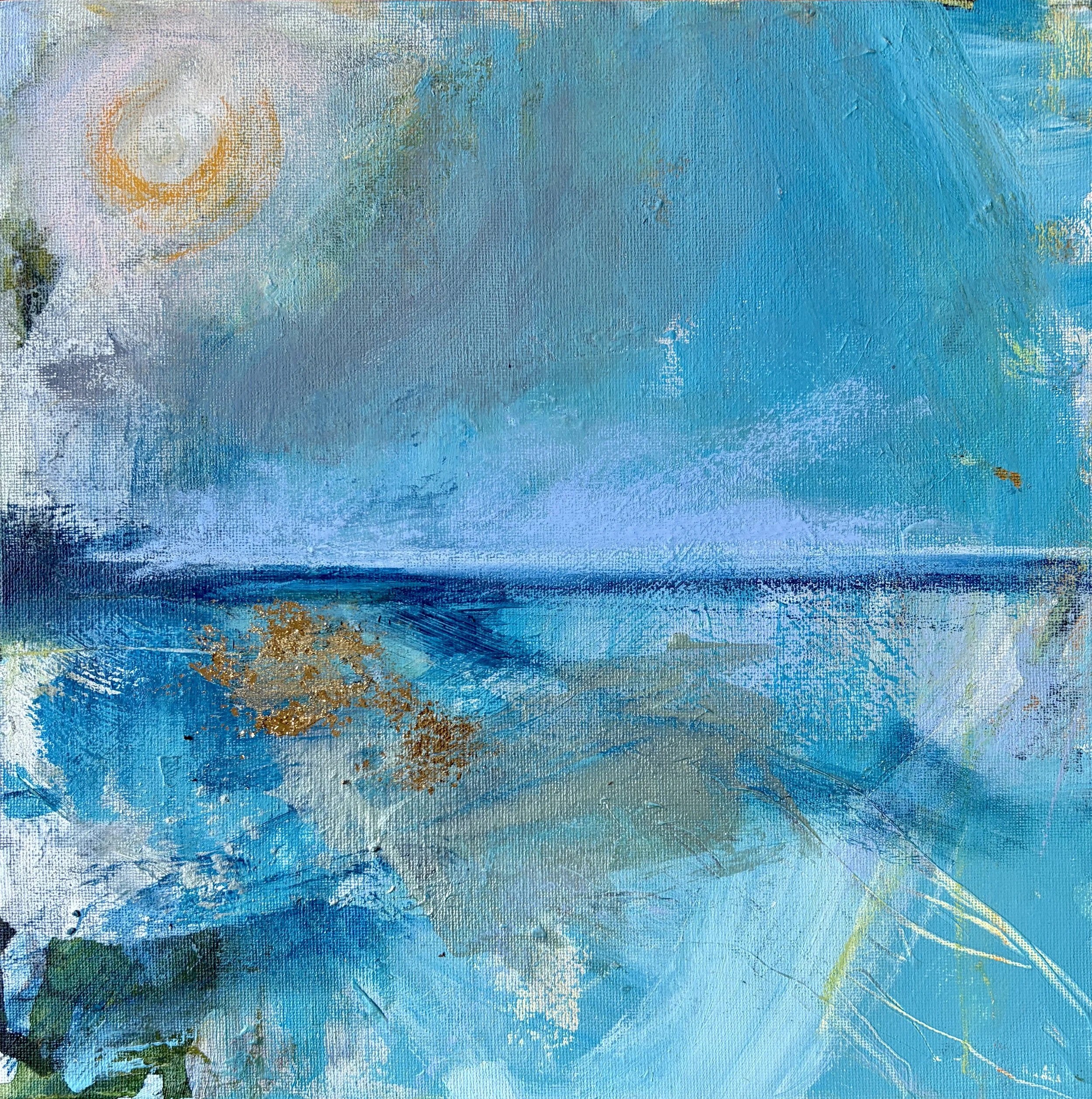 'Soft light and sea gulls'. 30 x 30cm acrylic and oil pastel on cradled panel. (From a walk to Kynance Cove). The English Artist, available