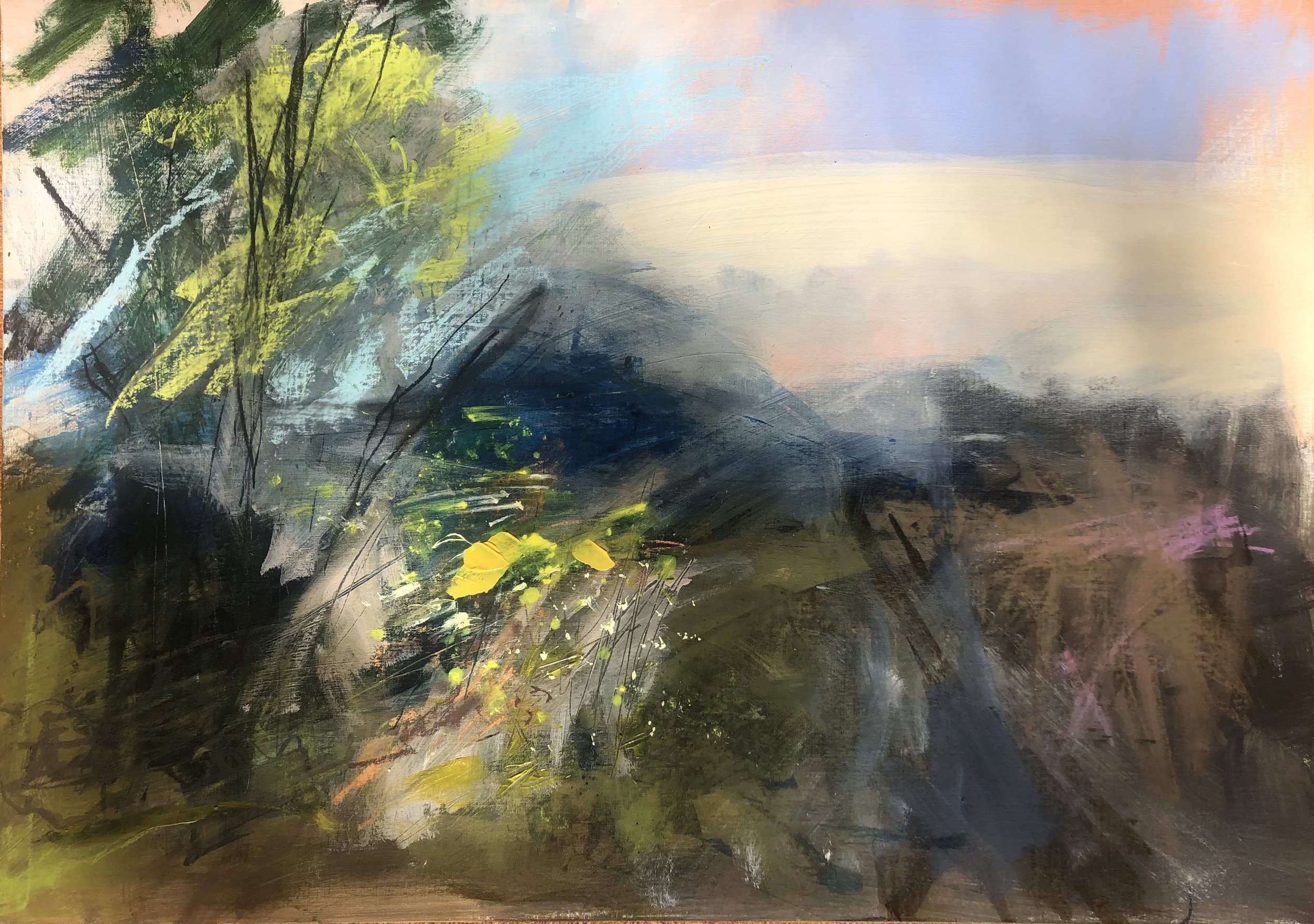 'Spring light awakens the senses' 85 x 60cm acrylic, oil and mixed media on canvas board SOLD