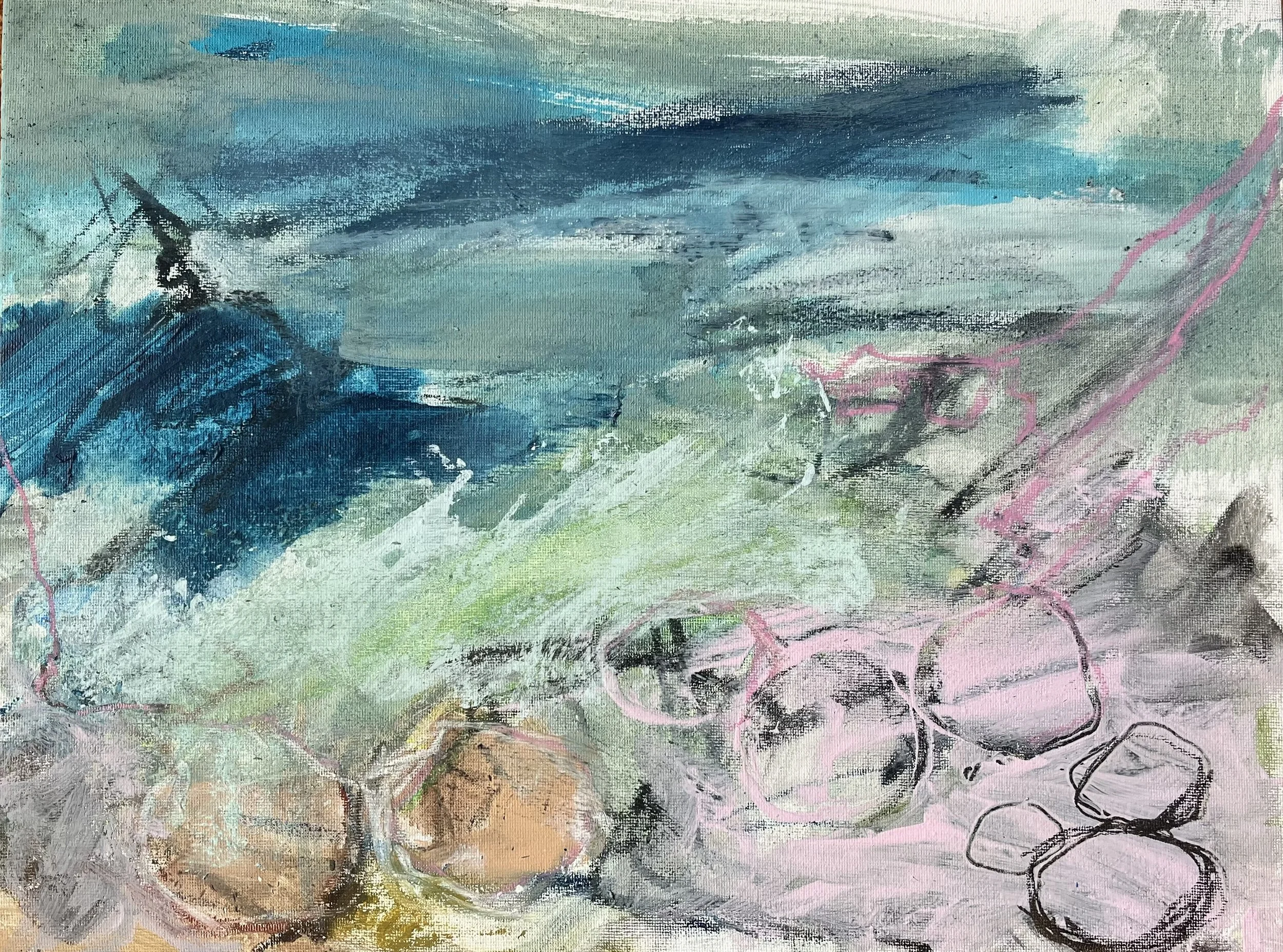 'The land, the sea and me', 50 x 40cm acrylic and oil pastel on canvas board. 