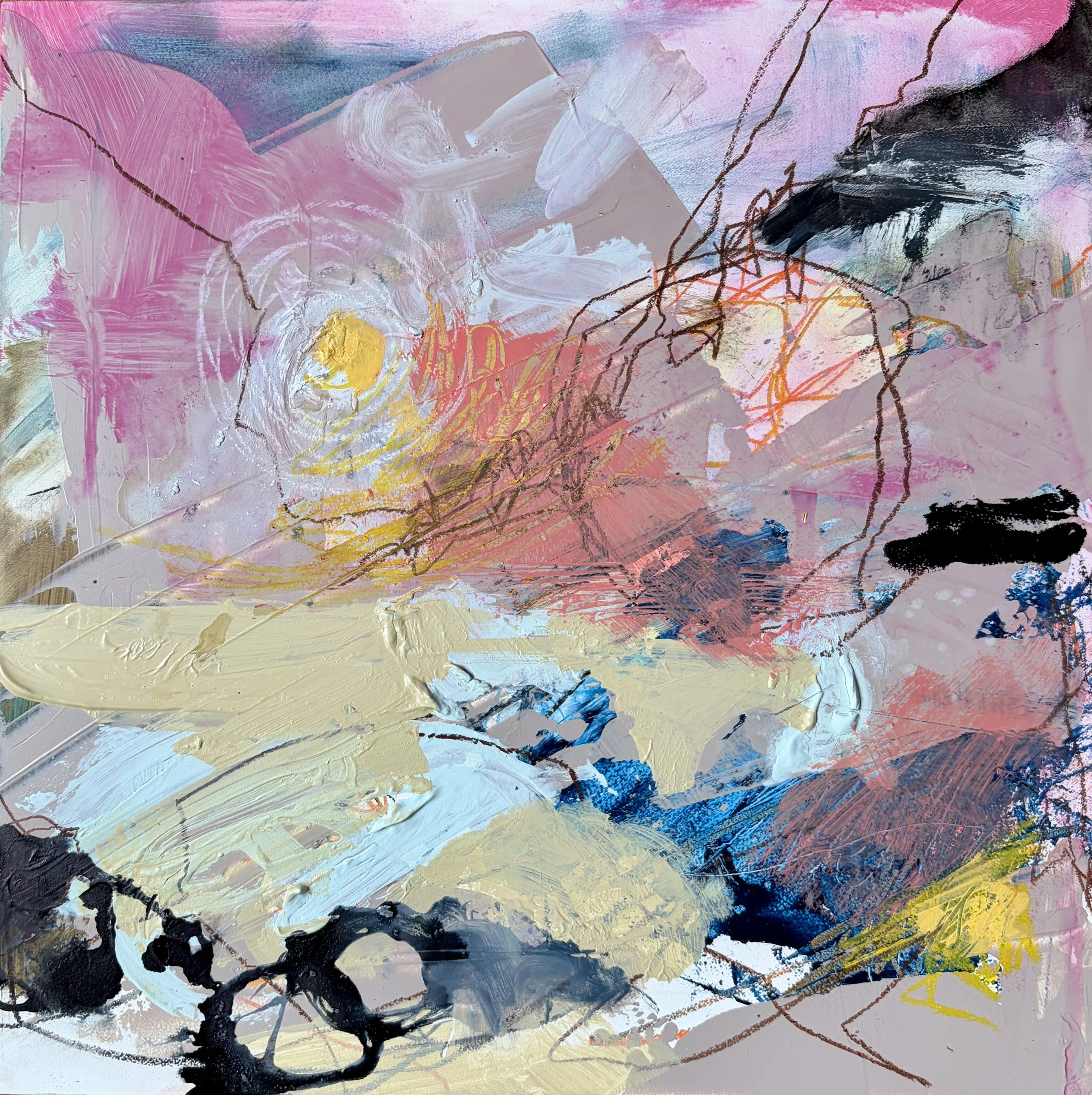 'Footsteps in the sand I'. 30 x 30cm acrylic and oil pastel on cradled panel. (From The Penwith). The English Artist, available