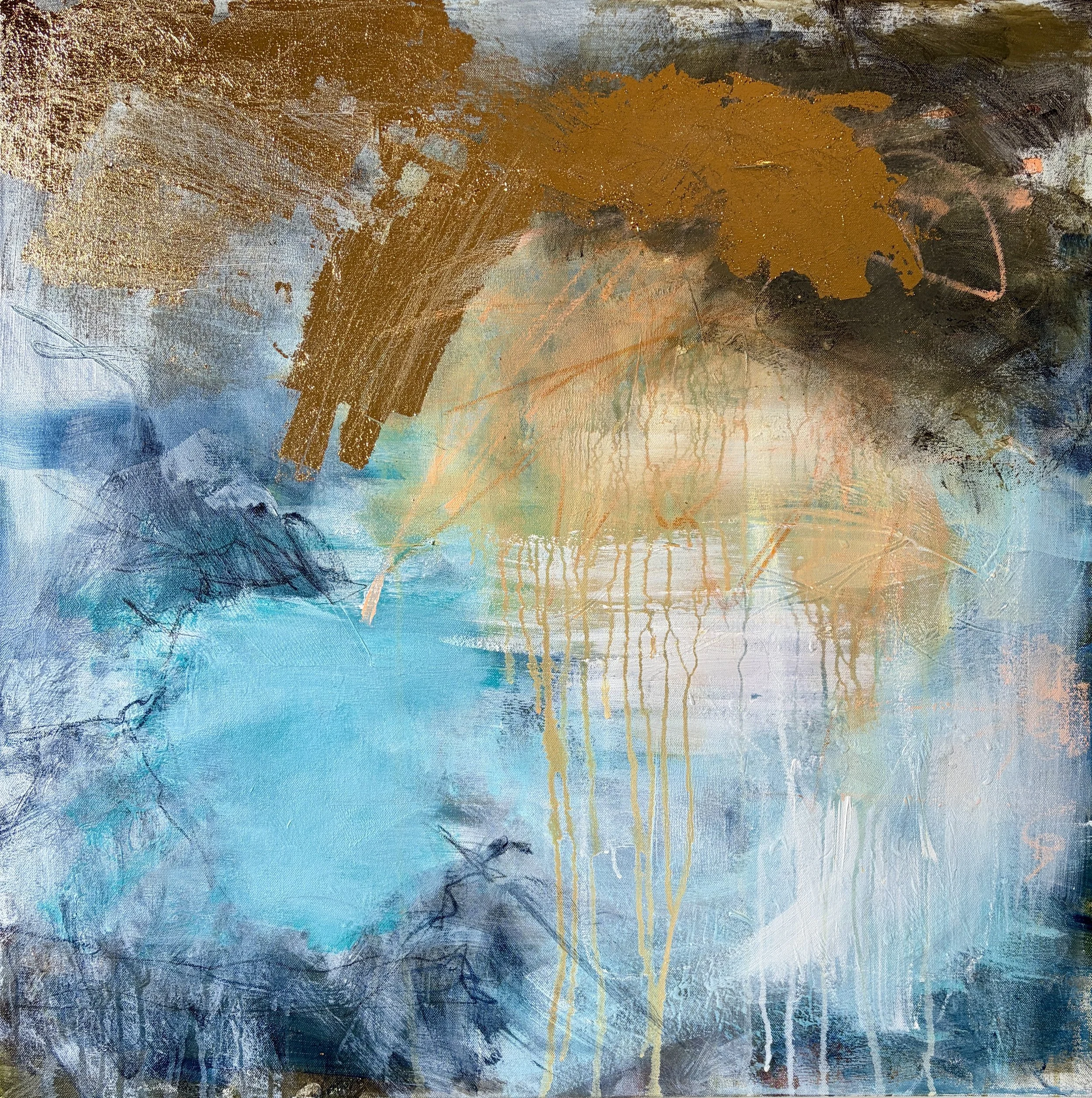 'Summer's storm'. 80 x 80cm acrylic and oil pastel on cradled panel. (From The Penwith). Available