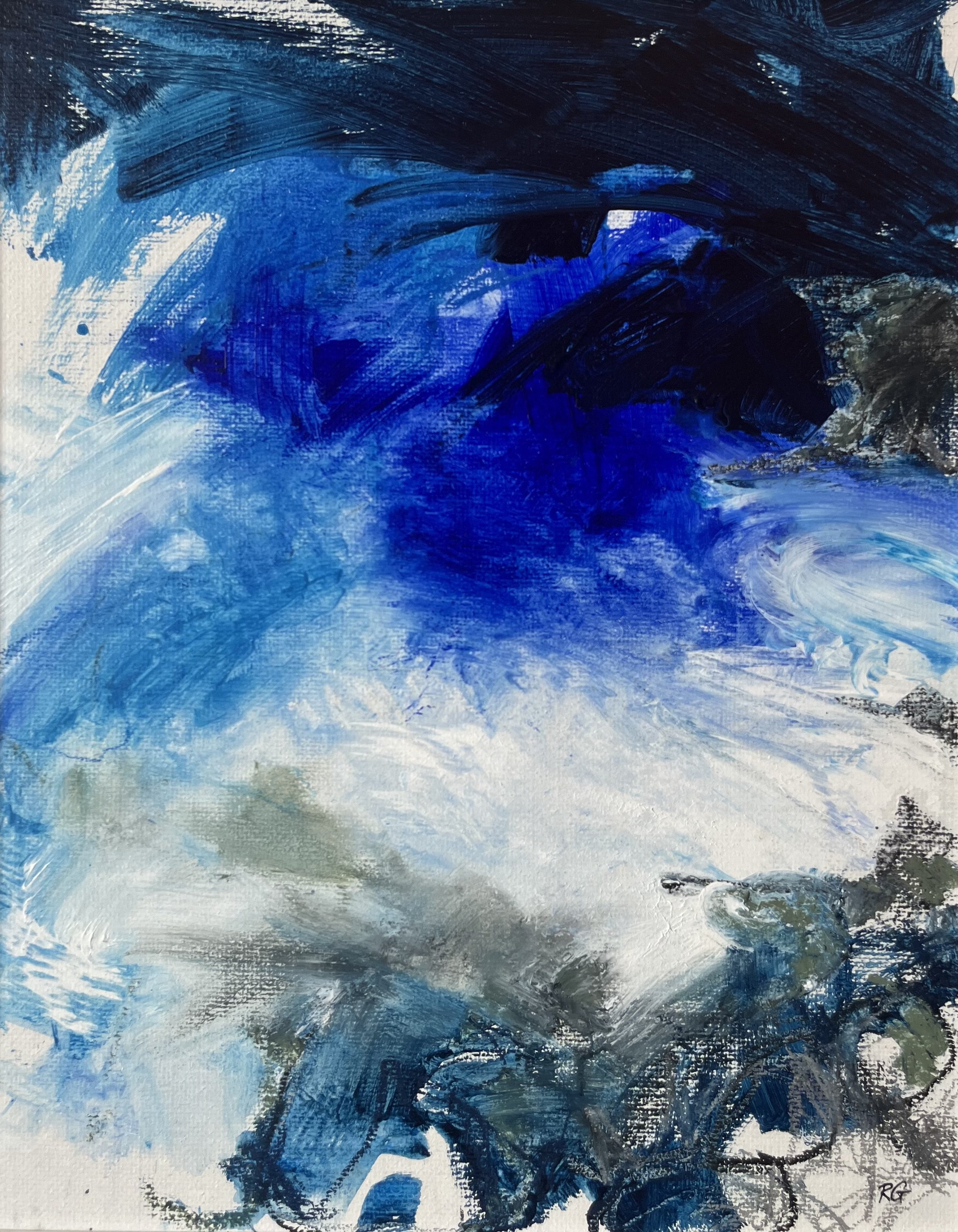 'Into the blue', 50 x 40cm acrylic and oil pastel on canvas board. The English Artist, available