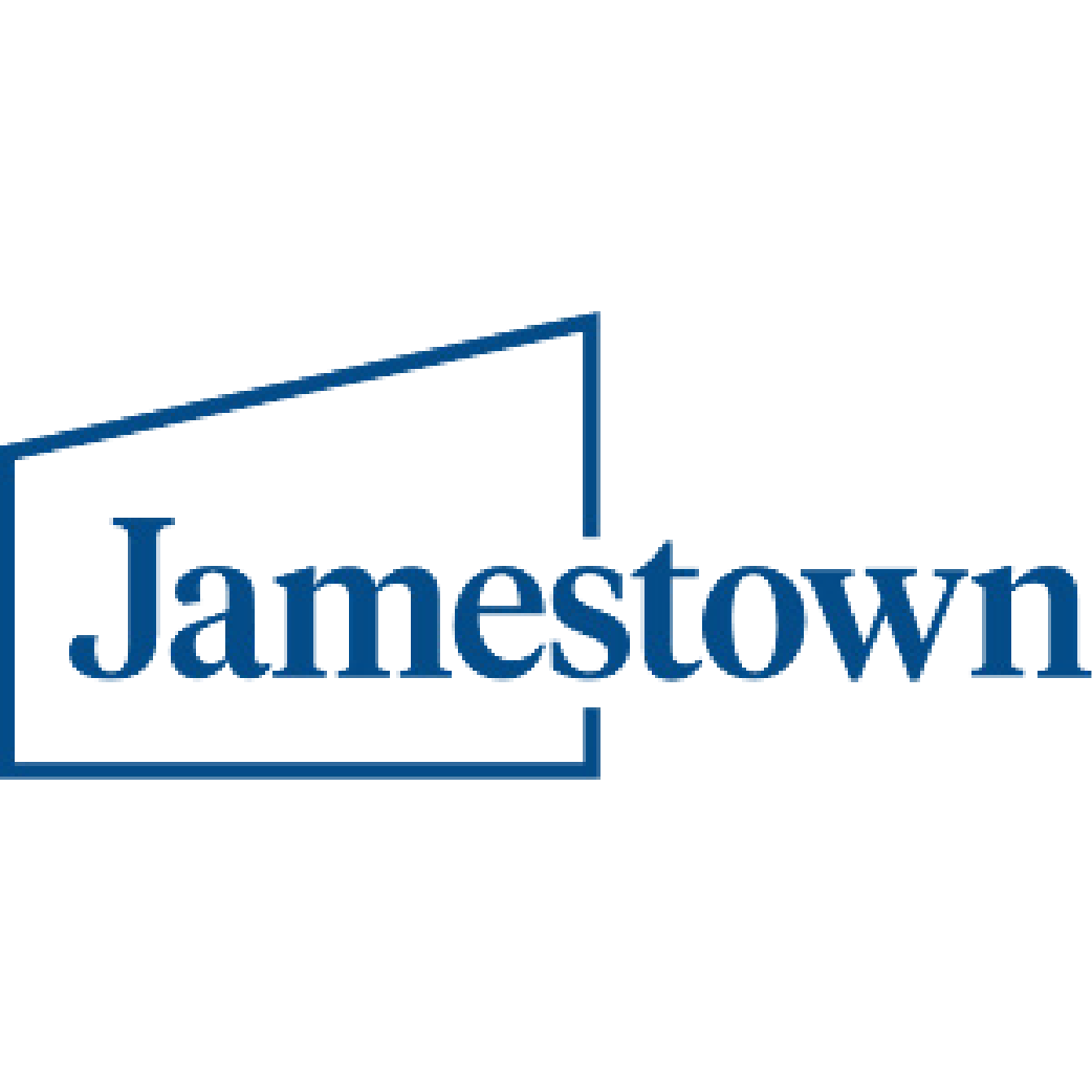 Logo with the word 'Jamestown' in navy blue font and a stylized bridge graphic above it, outlined in navy blue.