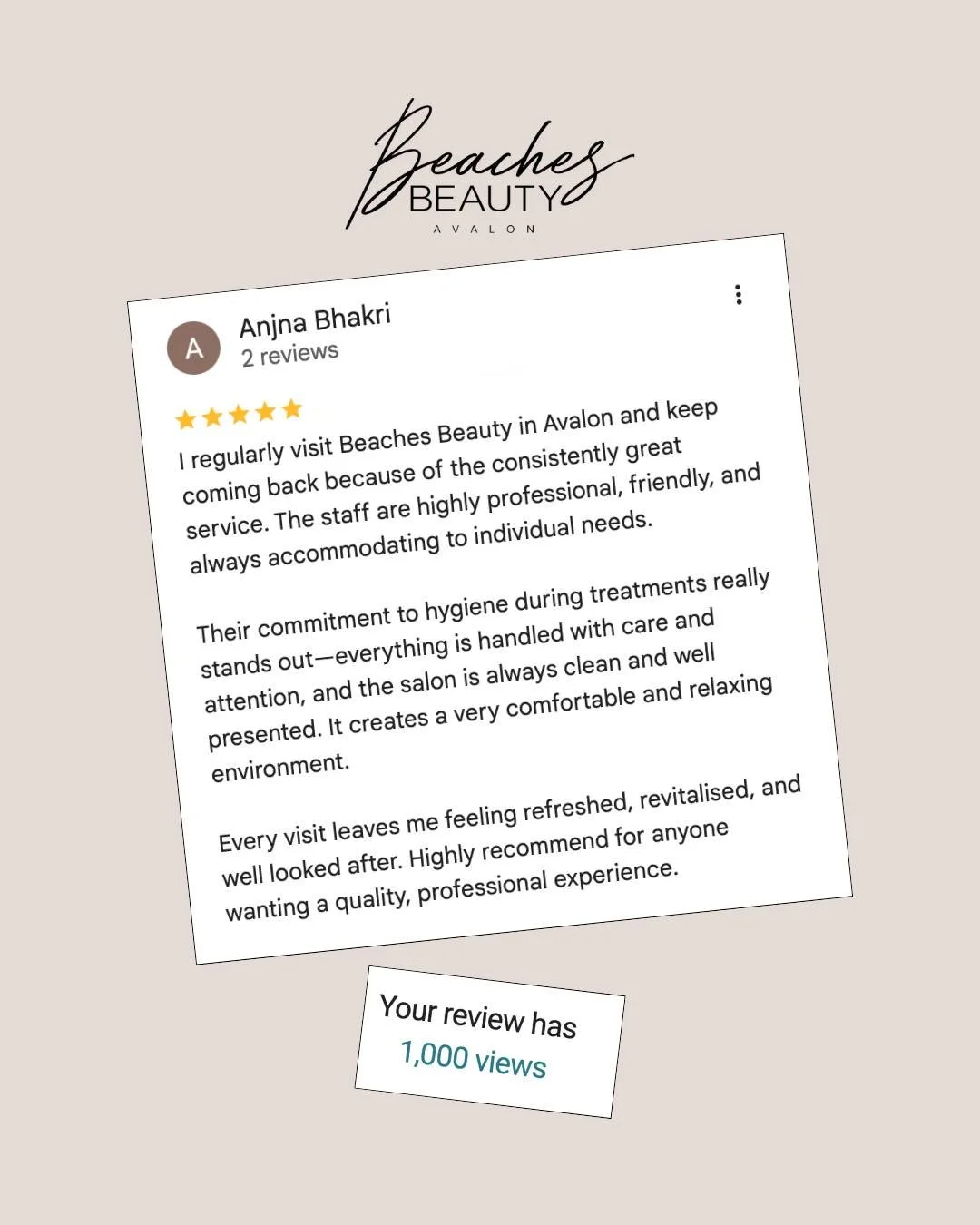 One of our regulars got this from Google: her review of us has been seen 1,000 times. 🤍

That&rsquo;s a lot of women reading about her experience here before deciding who to trust with their skin. Thank you, we&rsquo;re so grateful.

If you&rsquo;ve