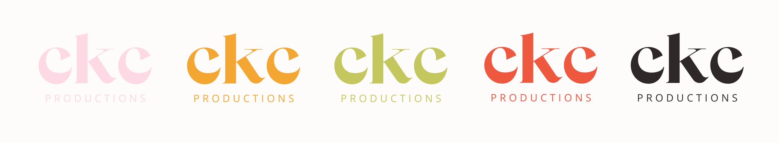 Colorful logo of CKC Productions in five variations with pastel pink, orange, green, red, and black colors.