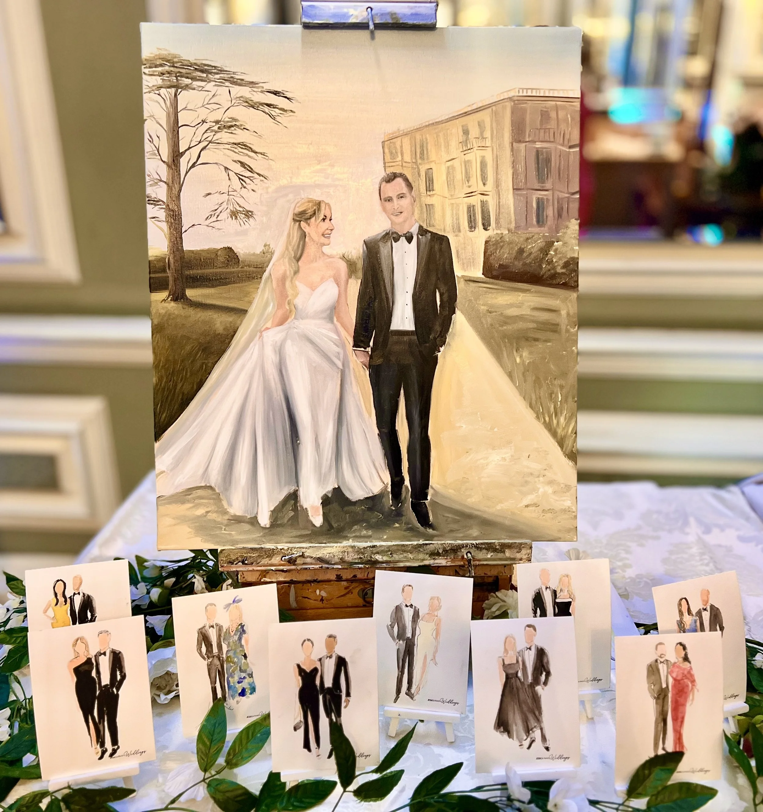 live oil painting of the bride and groom  and live illustrations of their wedding guests at luxury venue hedsor house in Buckinghamshire, UK