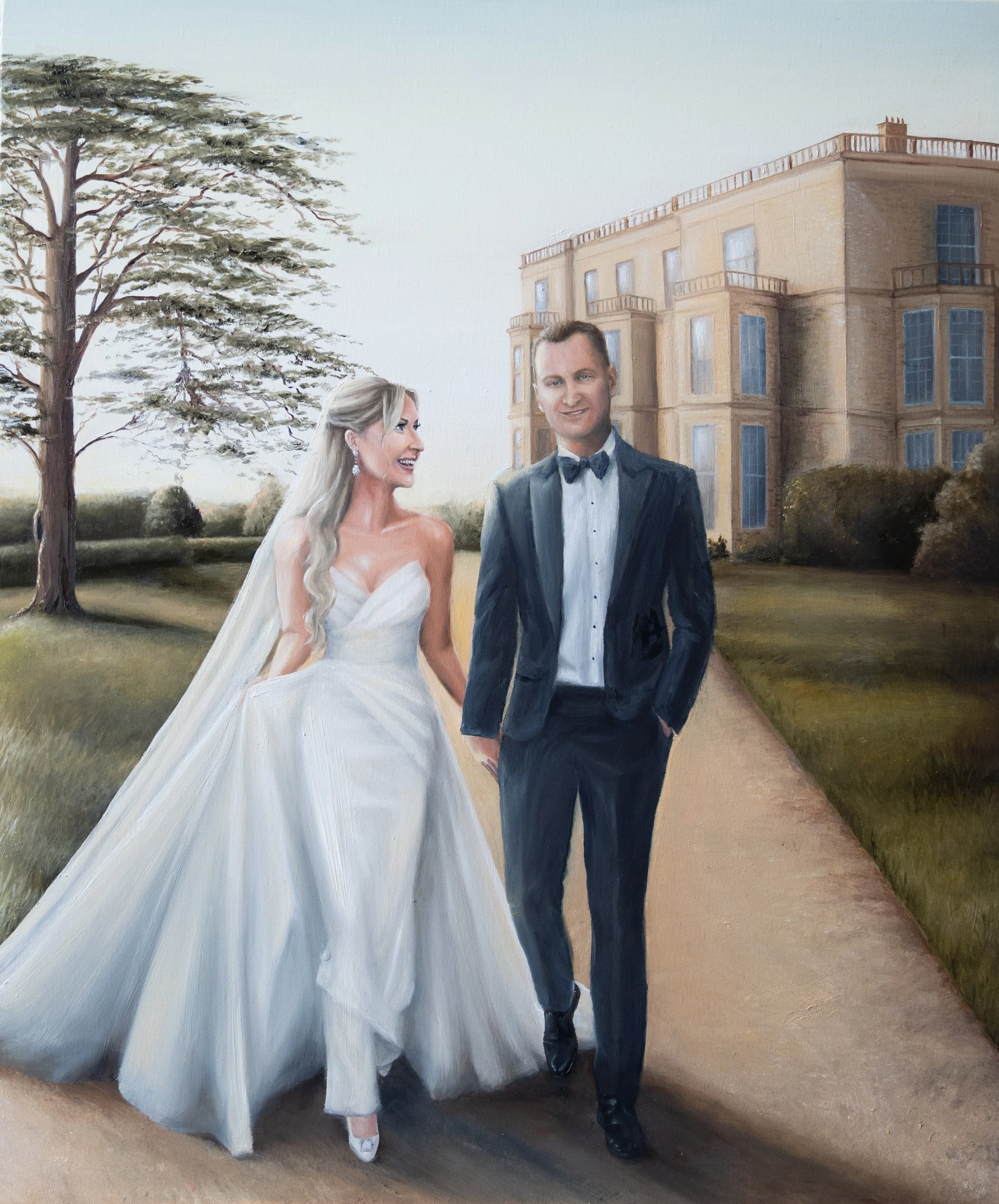 finished oil painting of bride AND GROOM AT hEDSOR hOUSE