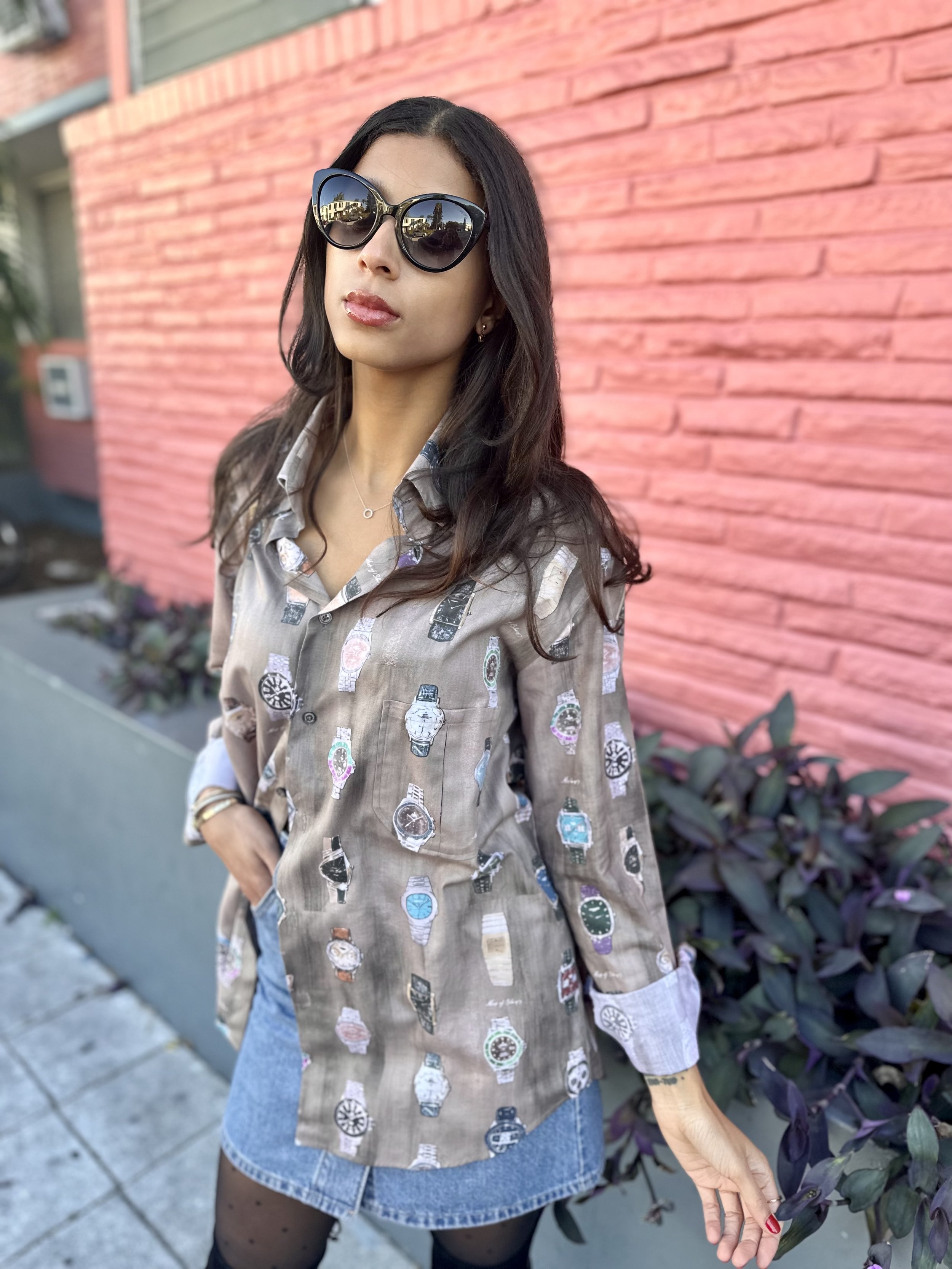 Woman wearing the Painted Gold Watches Shirt