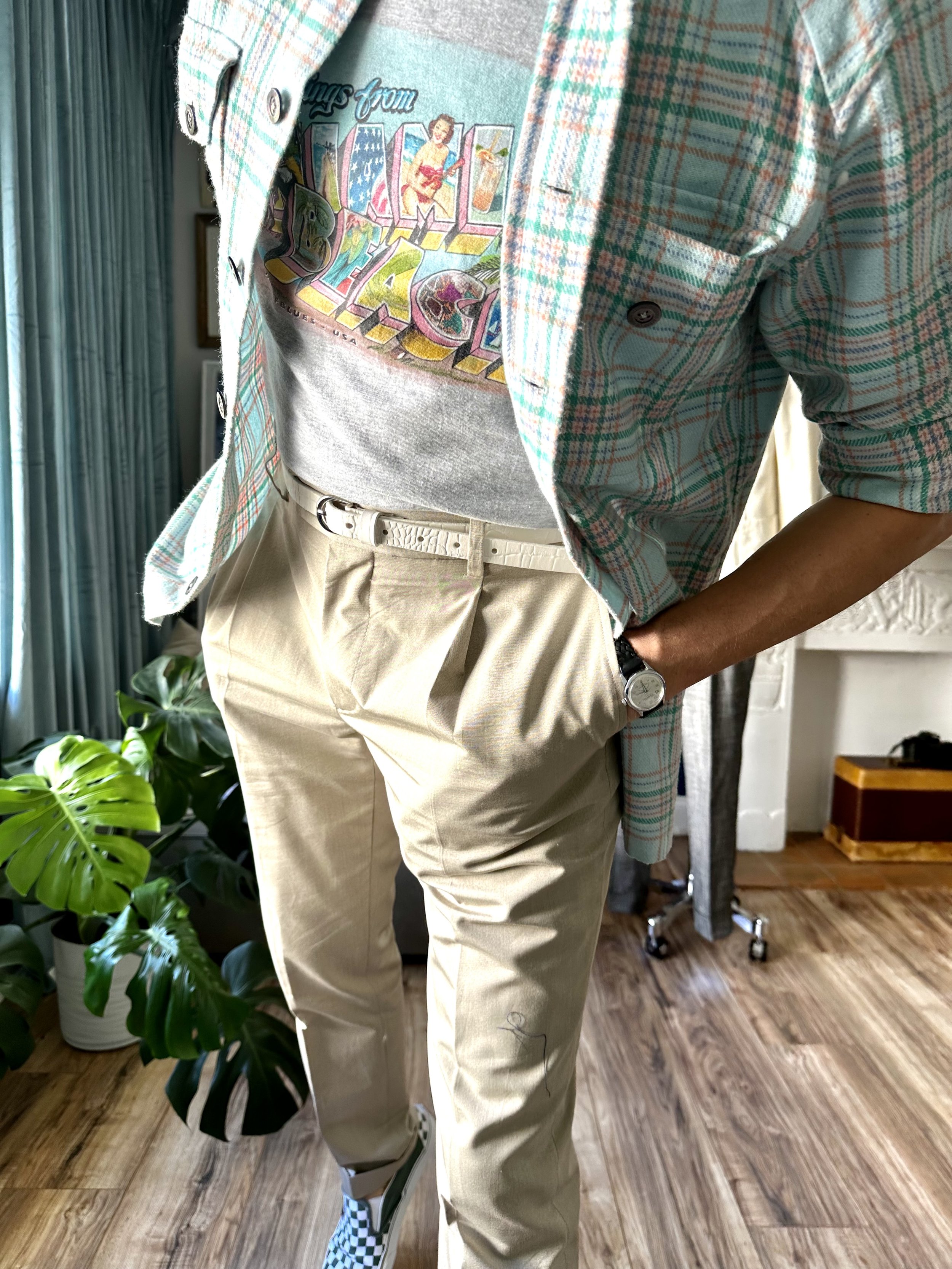Miami Beach Postcard printed cotton t-shirt on model