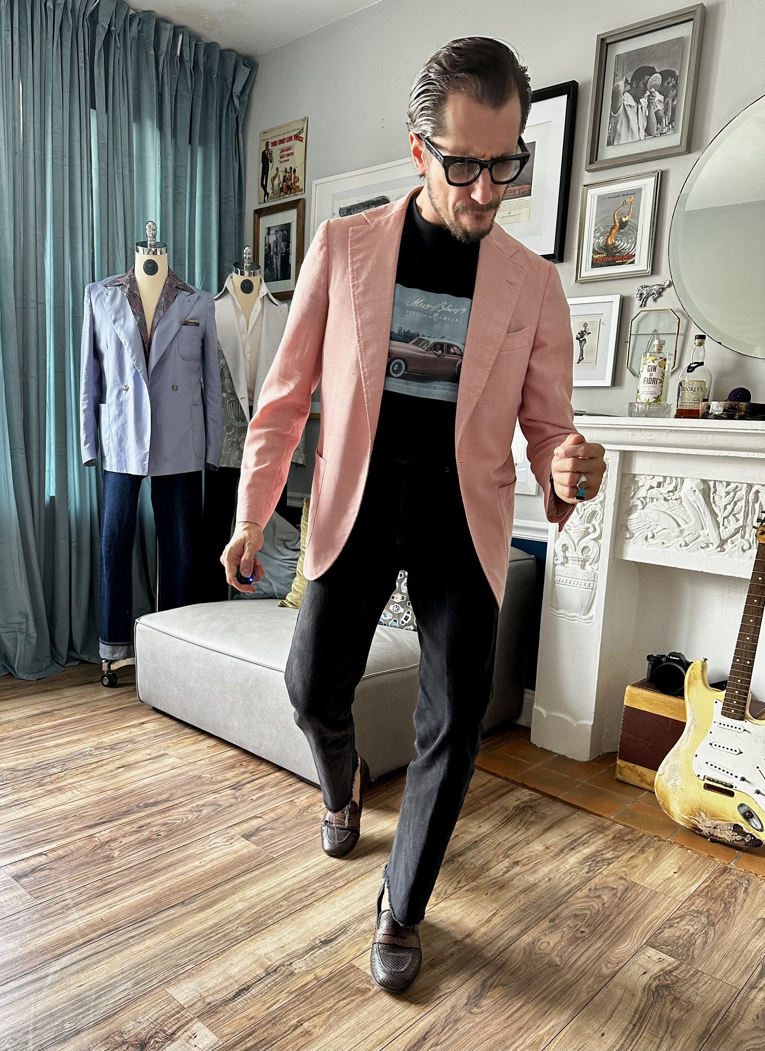 cadillac t-shirt print worn with a pink blazer