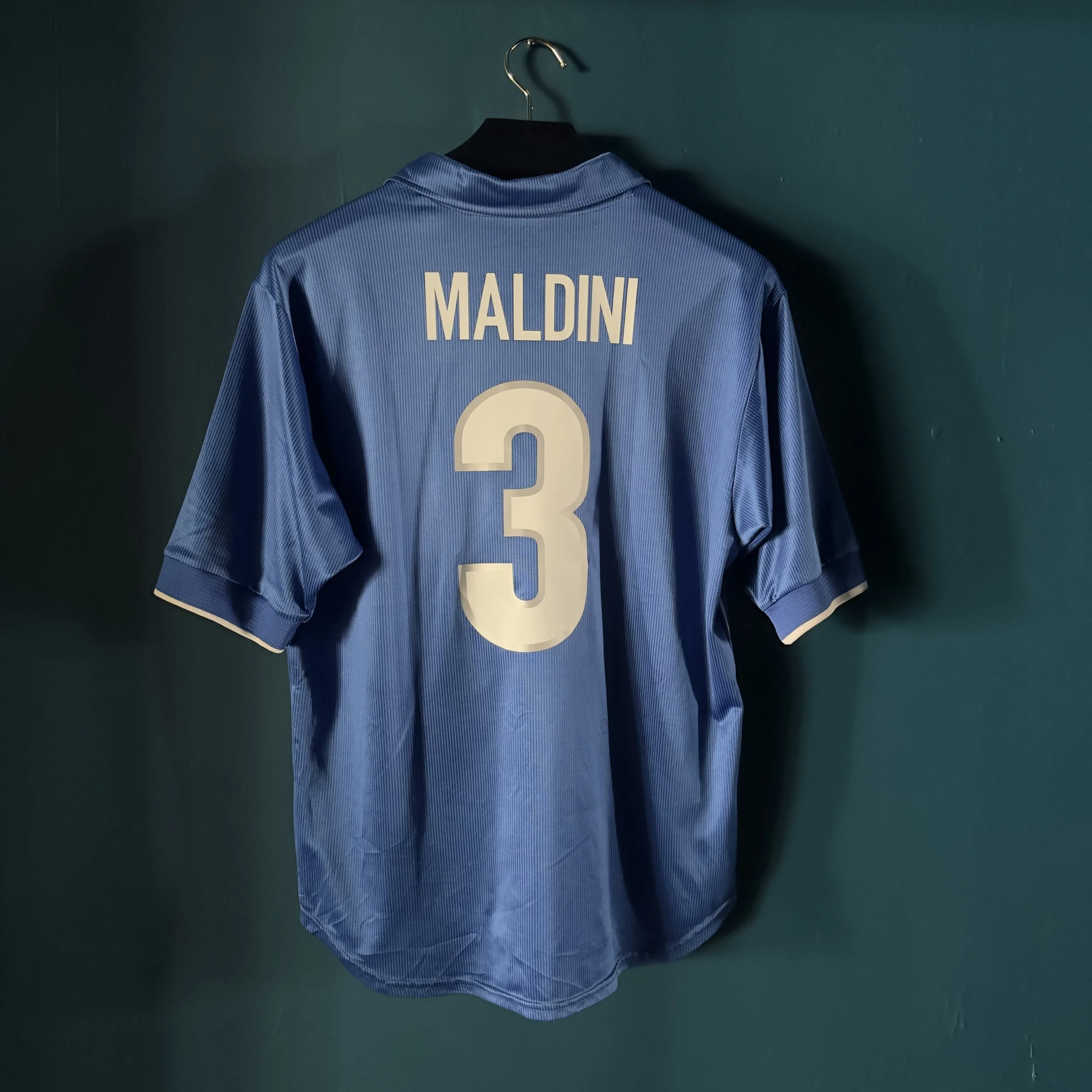 ITALY 1998 WORLD CUP HOME JERSEY – MALDINI #3 – FRANCE ’98 PATCH – SIZE L